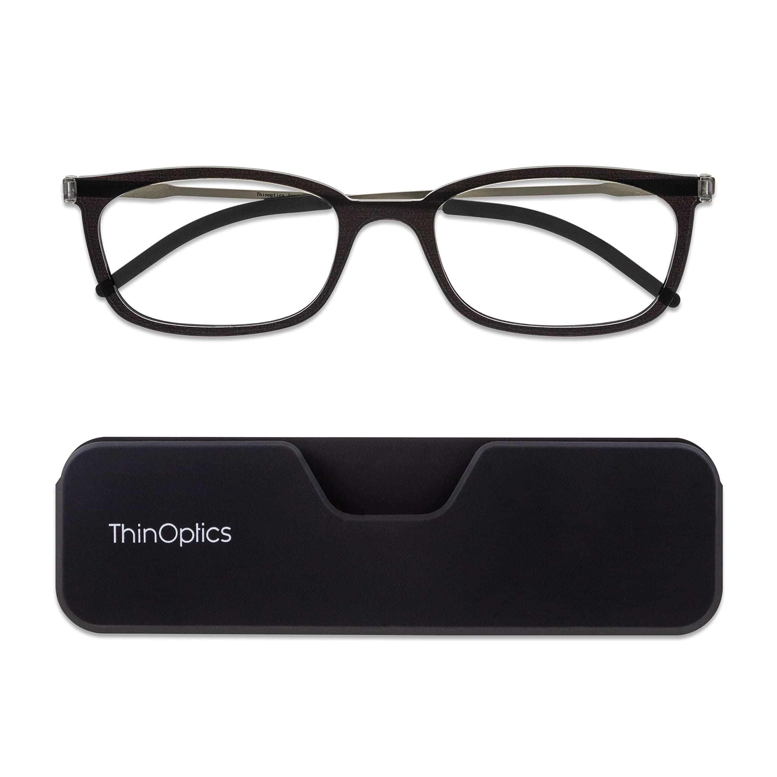 ThinOptics Connect Ultra-Thin Reading Glasses 2.00 Black Frames - Magnetic Case Attaches to Phone - +2.0 Strength Rectangular Readers - Unisex for Men & Woman