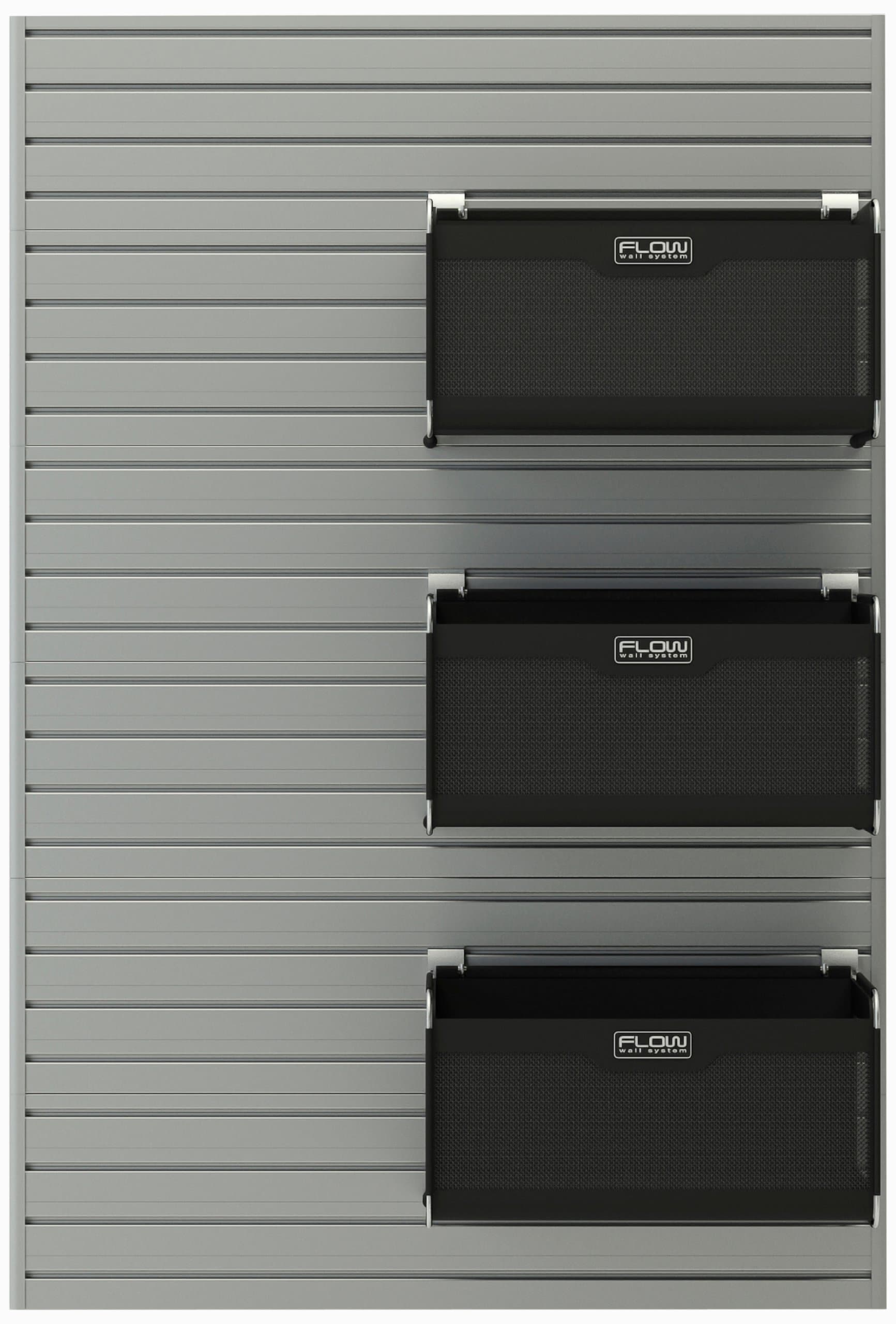 Flow Wall 4 Piece Slatwall Panel and 3 Soft Bins Storage Set, For Garage Organization Systems, Laundry Room, Kitchen, Toolsheds, Silver Slatwall