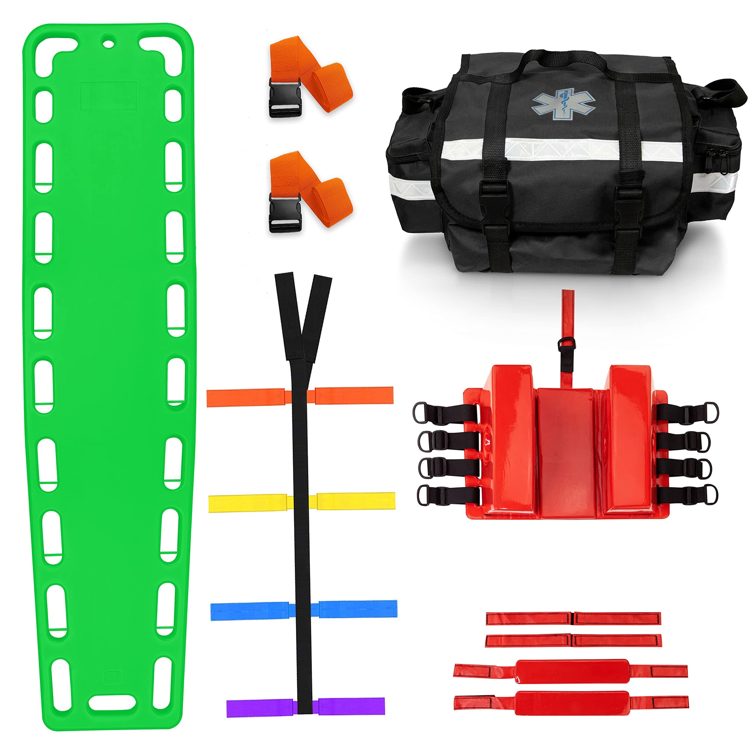 SURGICAL ONLINE First Responder EMT Backboard Spine Board Rescue Stretcher Immobilization with Head Bed and Spider Straps - Gift EMT Trauma Bag (Green)
