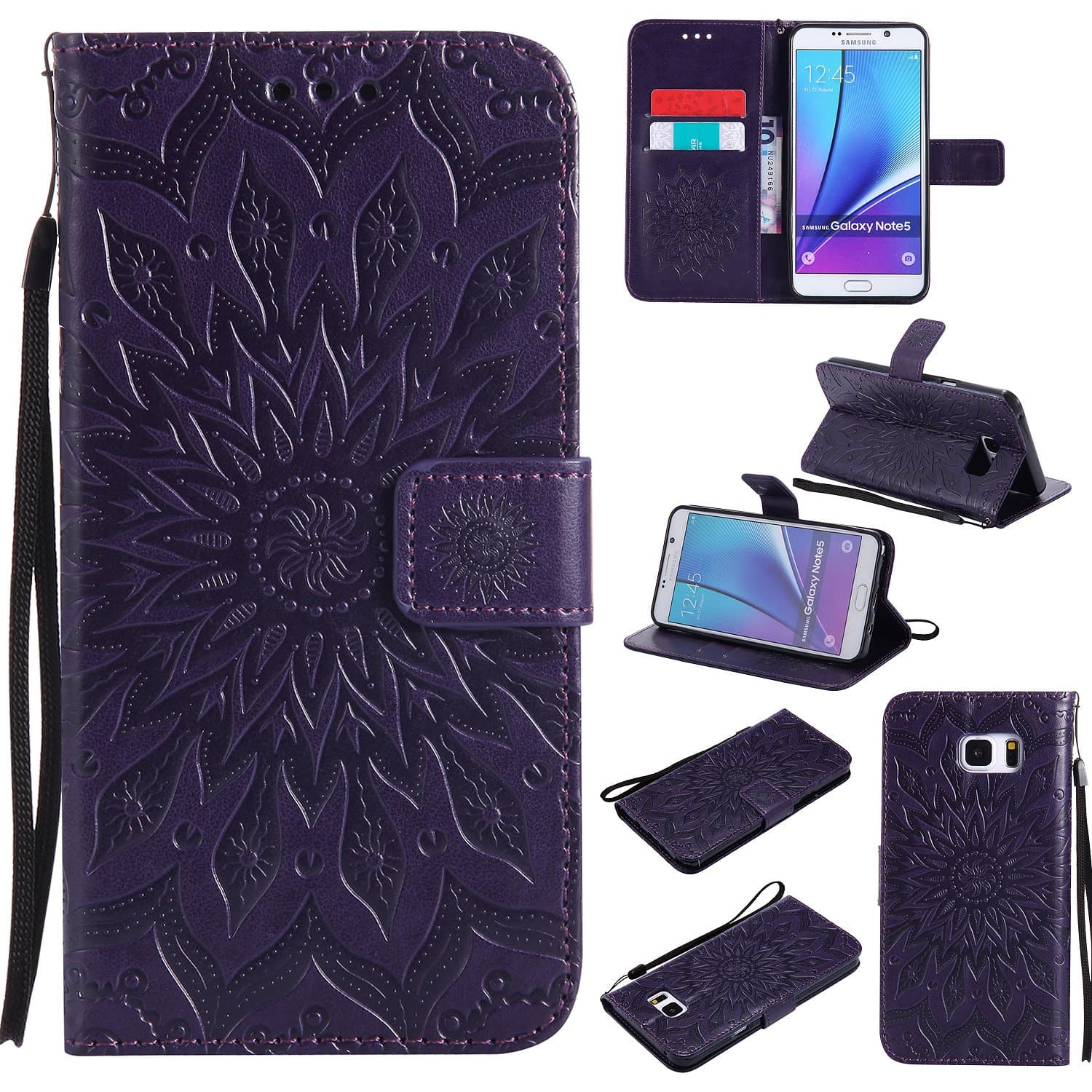 Galaxy Note 5 Case,Note 5 Wallet Case,Samsung Note 5 Flip Case PU Leather Emboss Mandala Sun Flower Folio Magnetic Kickstand Cover with Card Slots for Samsung Galaxy Note 5 Purple