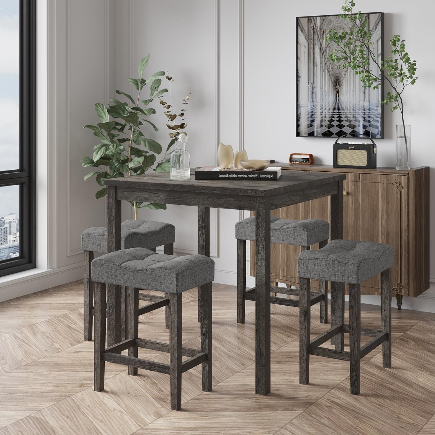 5-Piece Counter Dinner Height Table set, Indoor Modern Rectangular Dining Table Furniture Set for Kitchen, 35 inch Dining Table with 4 stools