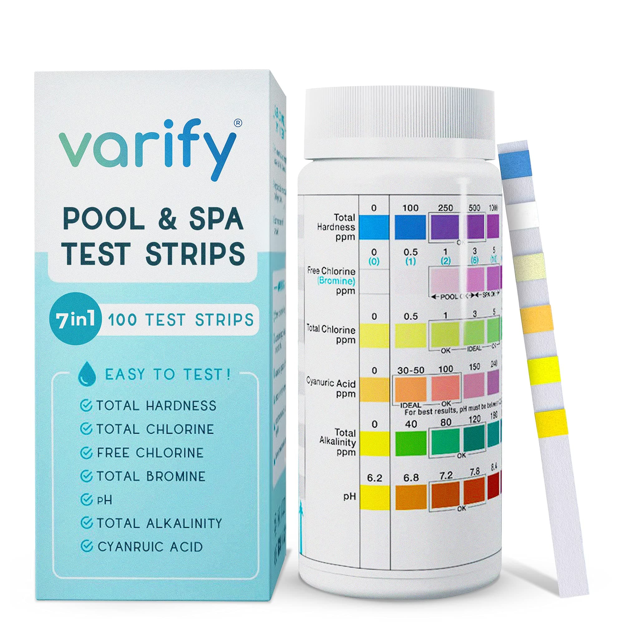 Varify 7 in 1 Pool and Spa Test Strips- Easy to Use Water Testing Kit for Pool, Spa, Hot Tub & More - Tester Strip for Water Hardness, Chlorine, Bromine, pH, Alkalinity and Cyanuric Acid (100 Strips)
