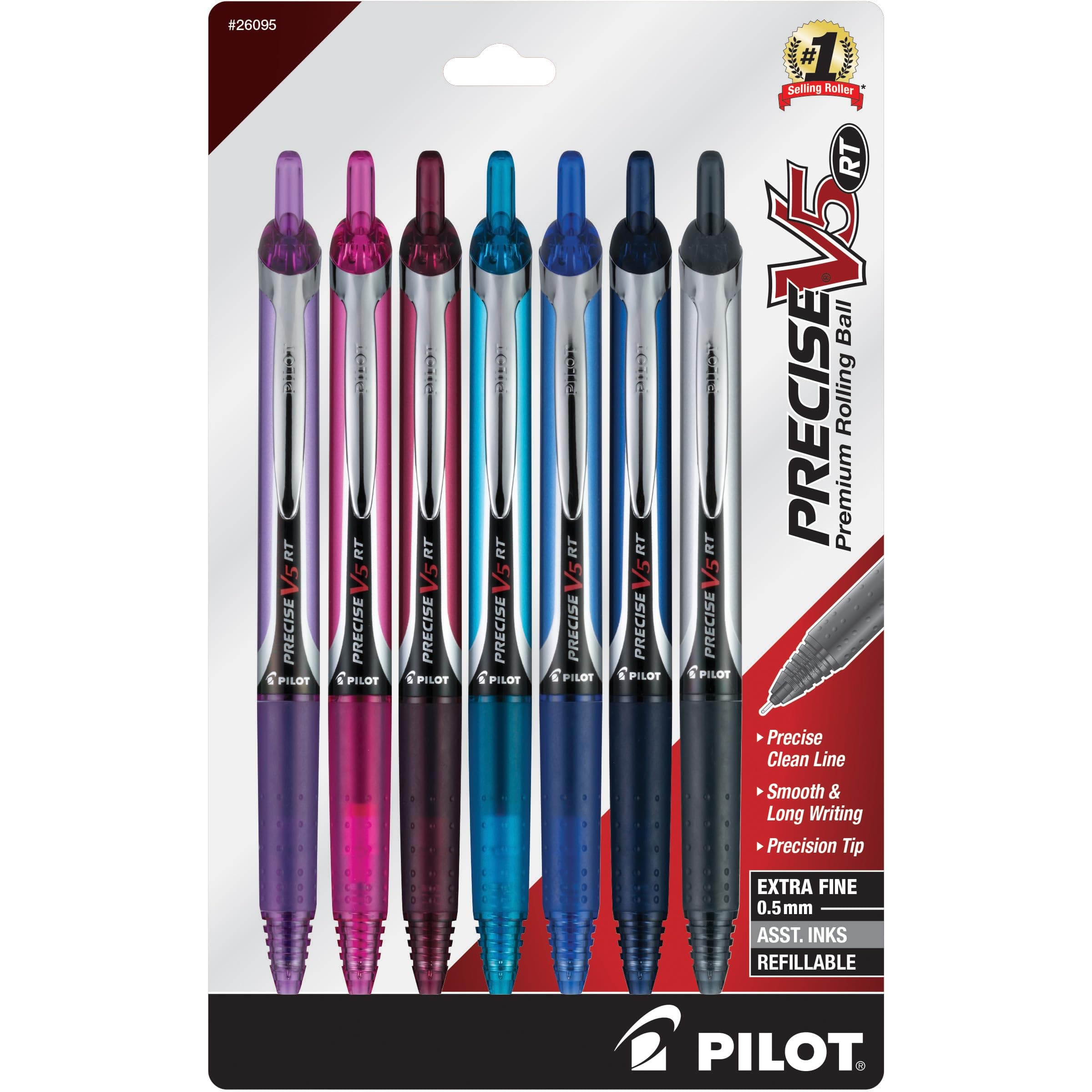 Pen 26095 Precise V5 RT Refillable & Retractable Premium Rolling Ball Pens, Extra Fine Point (0.5mm), Assorted Colors, 7 count