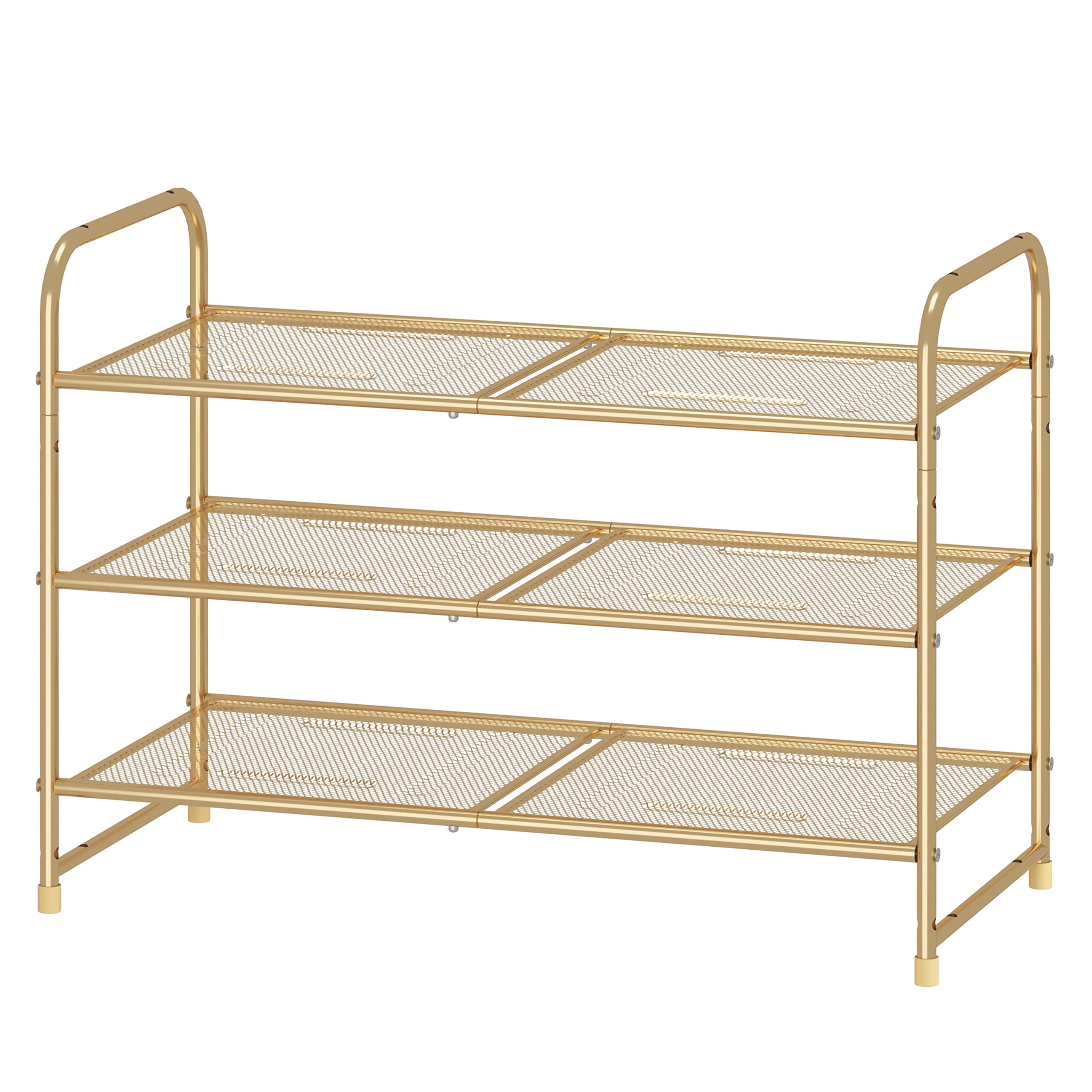 3-Tier Stackable Shoe Rack, Expandable & Adjustable Shoe Shelf Storage Organizer, Metal Mesh, Gold