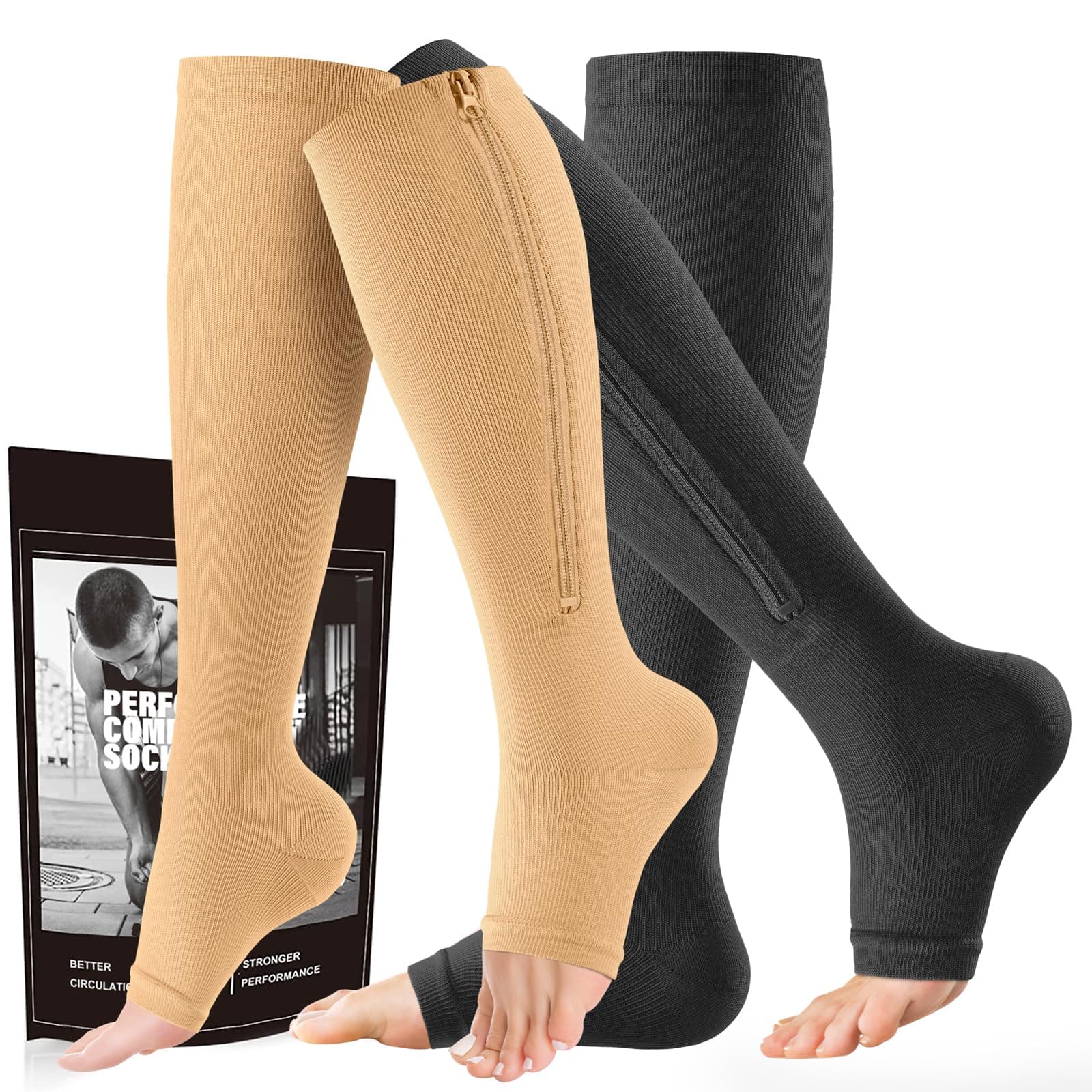 cerpite Zipper Compression Socks - 2 Pairs Open Toe Compression Stockings for Men Women 15-20mmHg