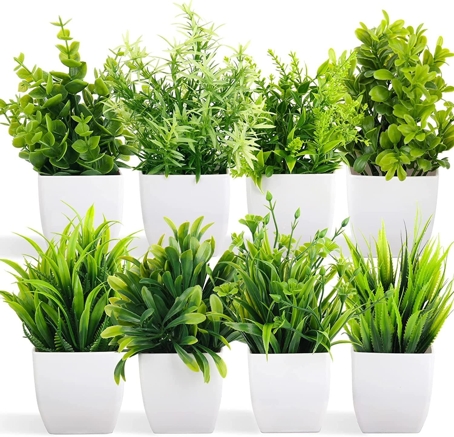 Artificial Potted Plants 8 Pack Artificial Plastic Eucalyptus Plants Small Indoor Potted Houseplants, Small Faux Plants for Home Decor Bathroom Office Farmhouse (Set 0F 8)