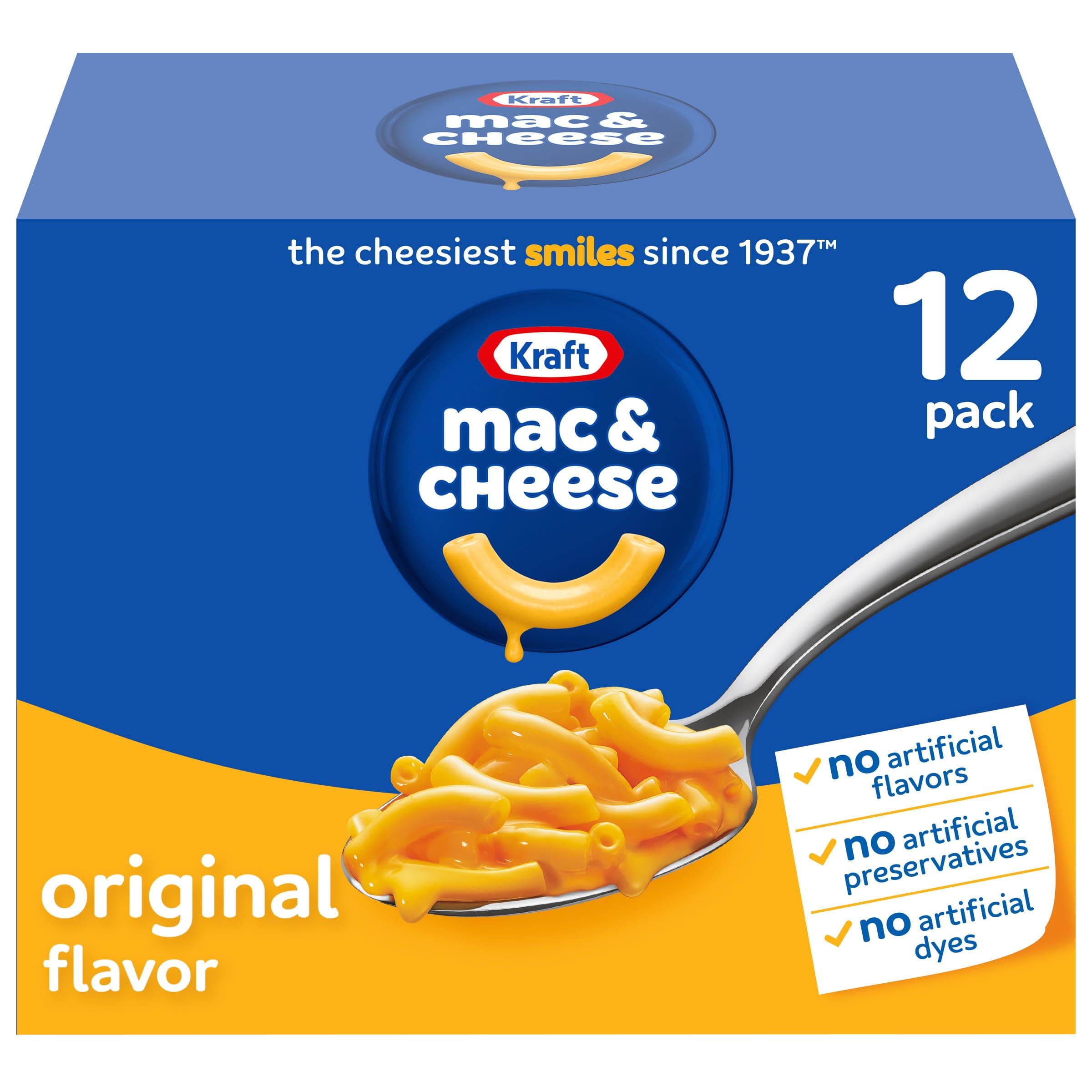 Kraft Mac and Cheese, 12 Boxes, for Easy Dinner or Dinner Sides, Original Flavor, No Artificial Flavors, Preservatives or Dyes, 7.25 oz