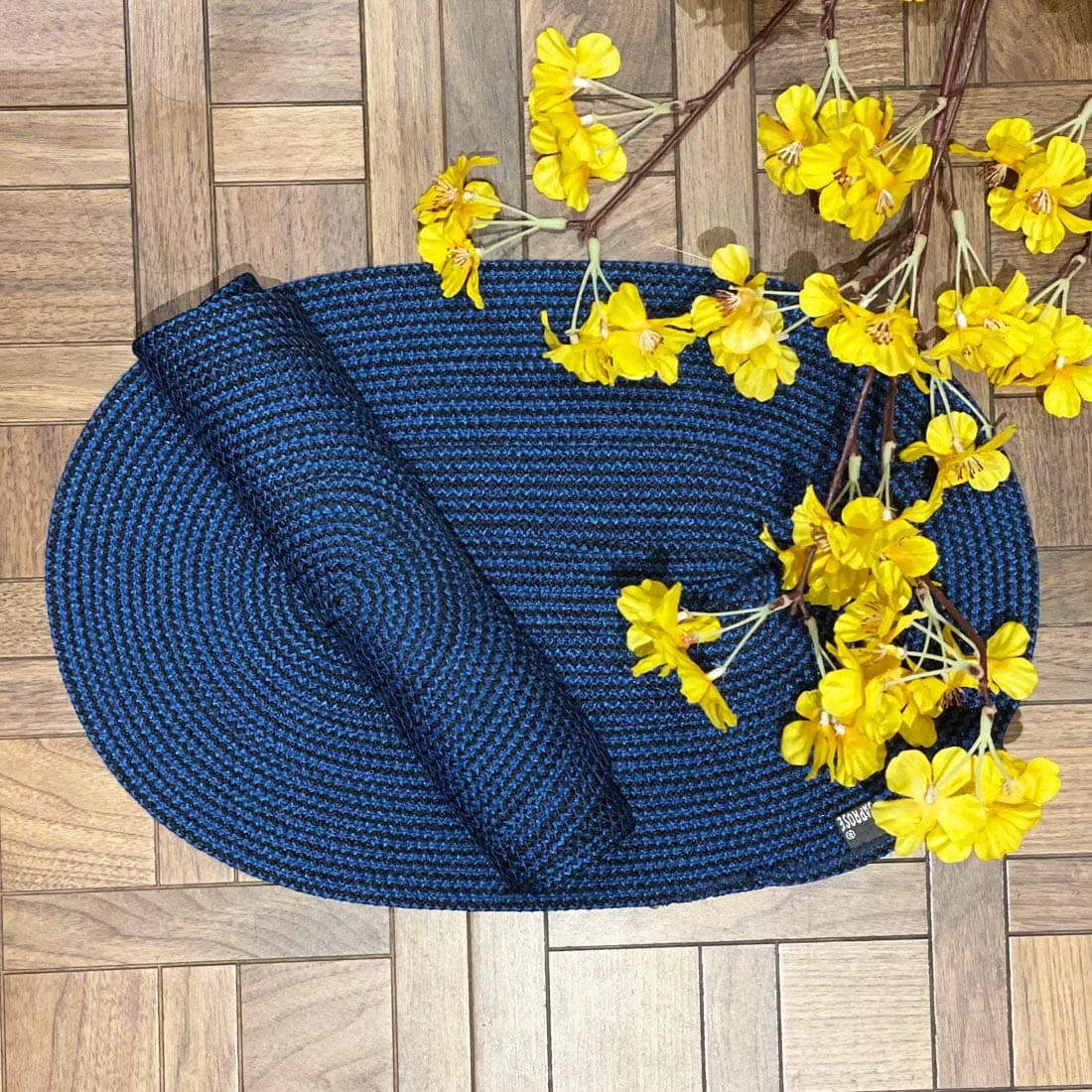 ST SAPROSE ® Polypropylene Multipurpose Reversible Oval Table Mat (2 pc Pack, Size: 30cm x 43cm), Place mat, Side Table Mat, Washable Dining mats (Blue-Black Melange)