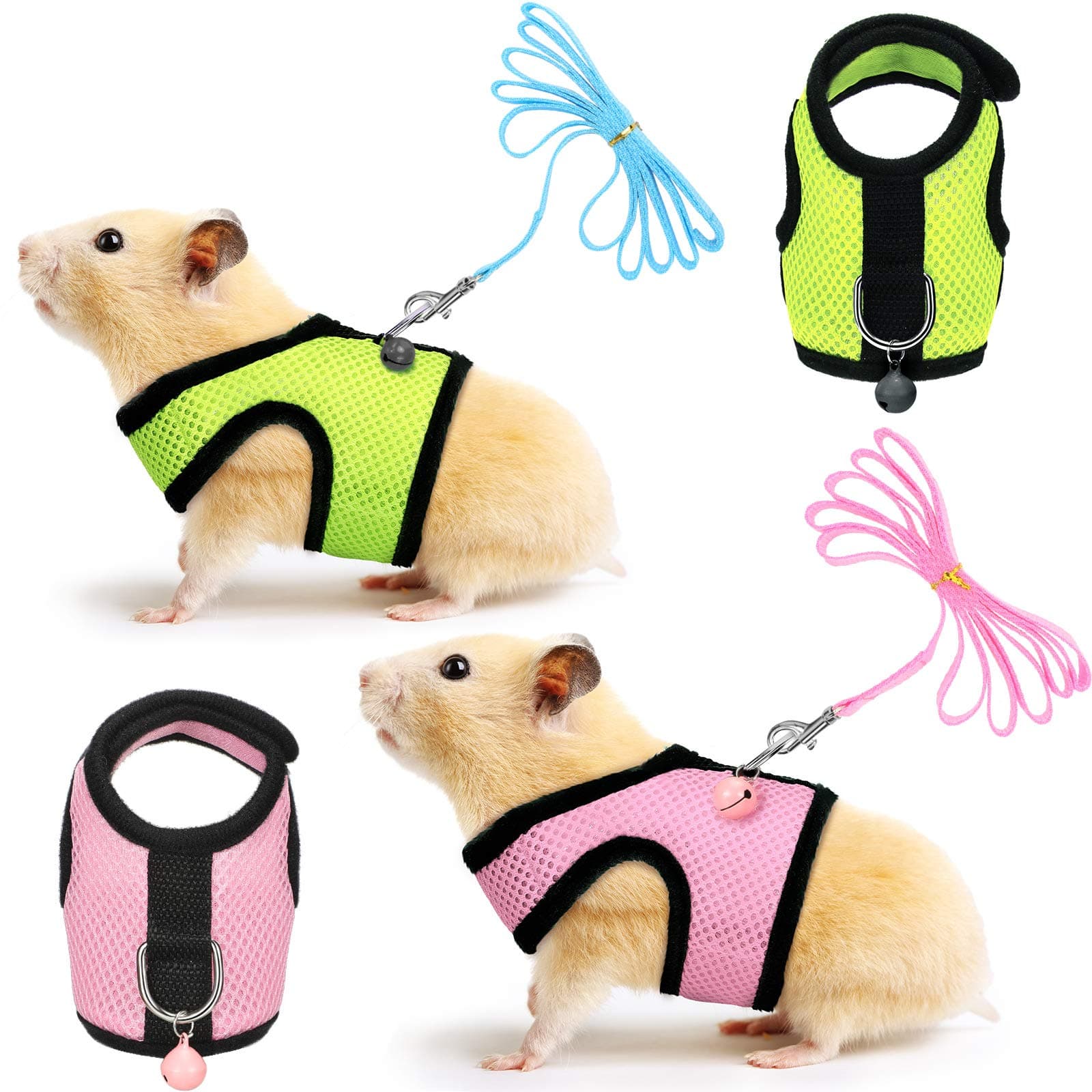 SATINIOR 2 Pieces Guinea Pig Harness and Leash Ferret Rat Hamster Soft Mesh Harness Leash Vest Set with Bell for Small Pet Rabbit Iguana Squirrel Pink S