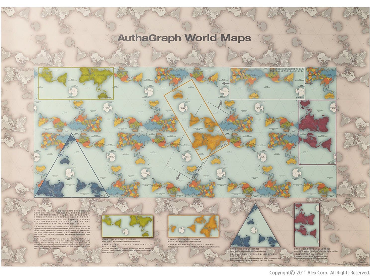 AuthaGraph World Maps. 40 'AuthaGraph' world maps in one. A new world map reengineered to represent the true relative sizes of continents & seas. GOOD DESIGN AWARD in Japan