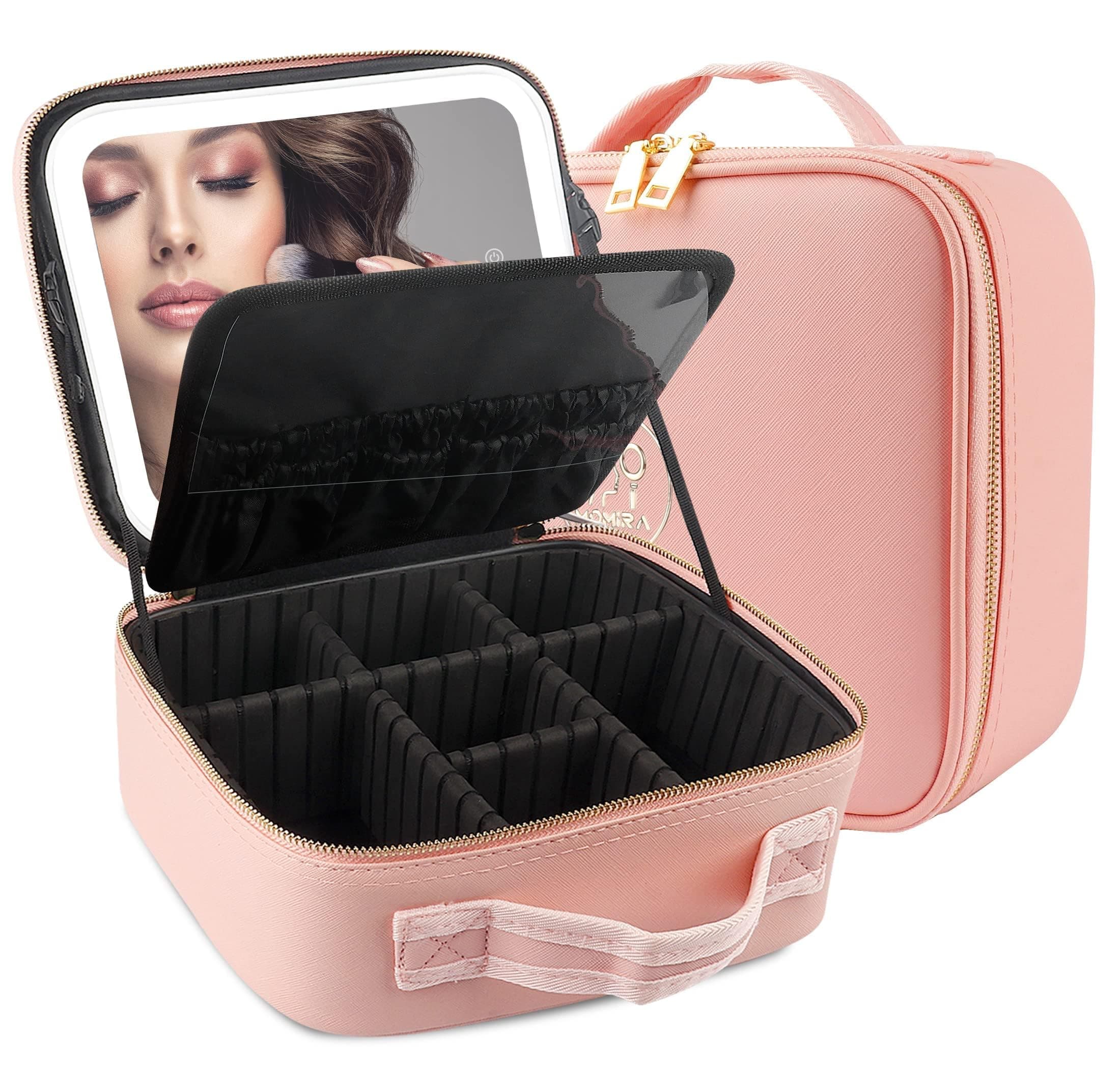 Makeup Train Case with Light & Mirror Large Cosmetic Organizer with Adjustable Dividers for Cosmetics,10X Magnifying Makeup Mirror,Pink