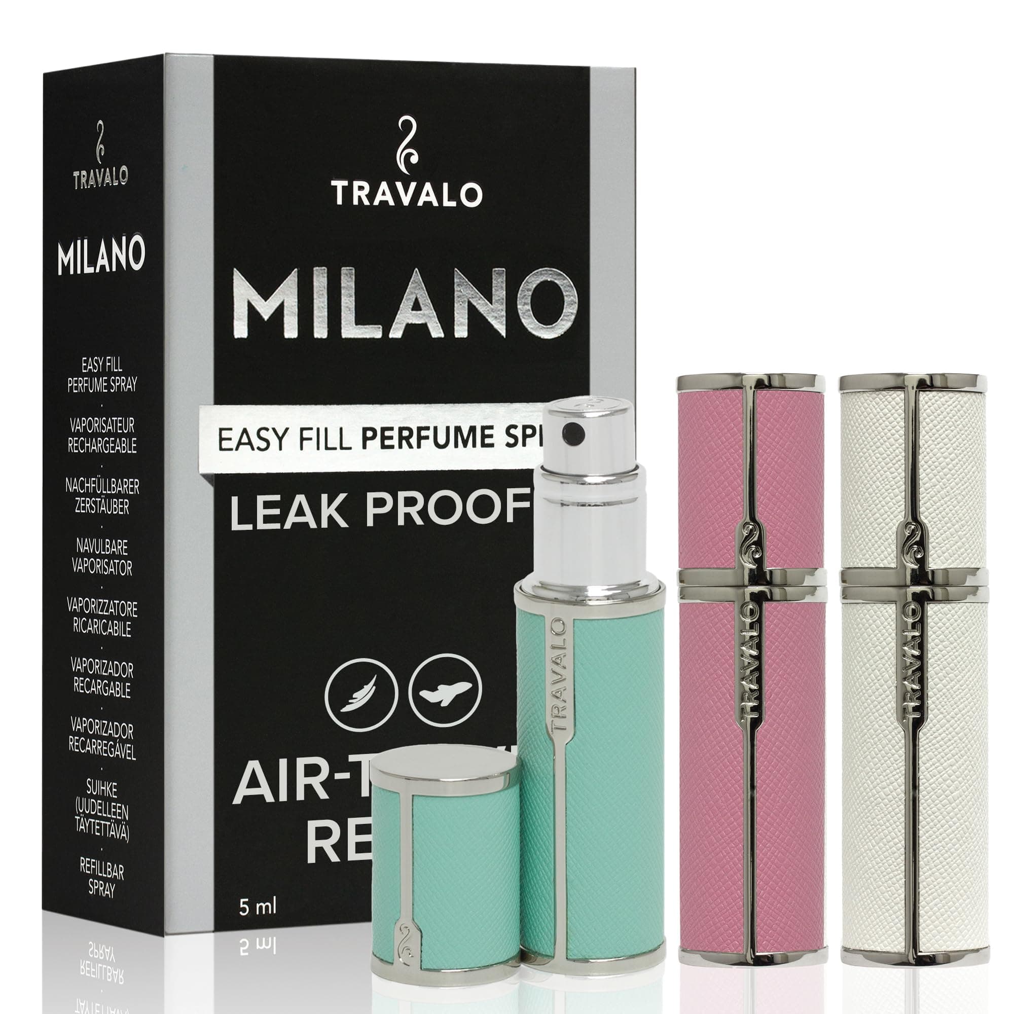 Milano Perfume Atomizer Bundle Refill System TSA Approved | Reusable Easy Fill Mini Pump Sprayer Lightweight Portable Vegan Leather w/Polished Metal | White, Aqua, Perfect Pink | 3 Pack 0.17oz