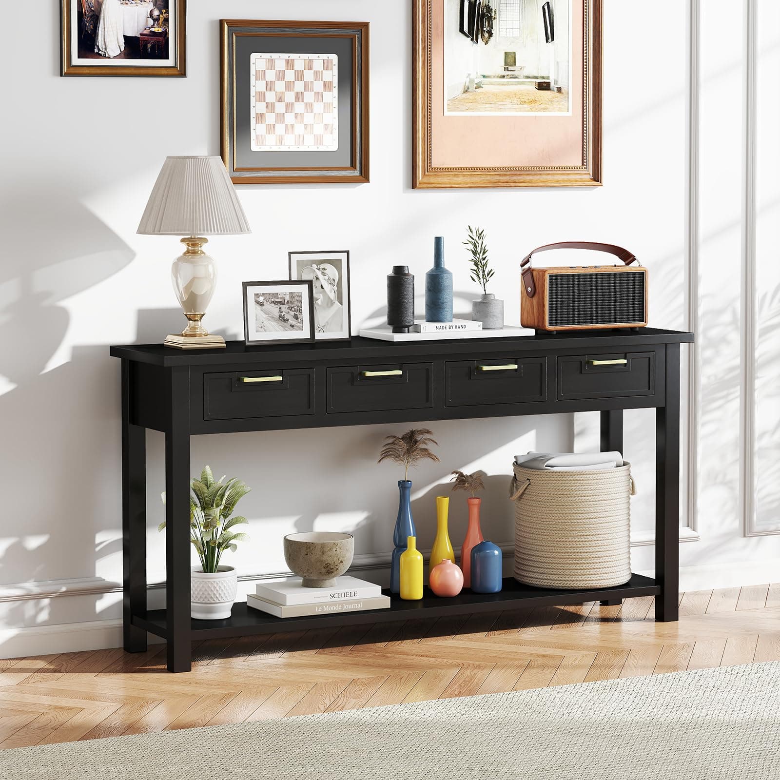 Console Table for Entryway, 60 Inch Sofa Table w/4 Drawers and Bottom Shelf Narrow Long Hallway Table for Living Room Entryway Home, Black