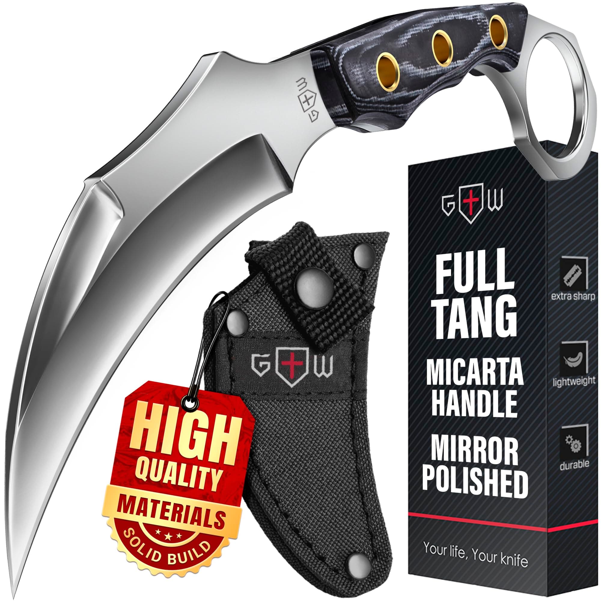 6.7'' Tactical Knife with Sheath - Micarta Handle - 3.15'' Fixed Mirror Polished Blade - Sharp Tiger Claw4 40C Steel Blade - Small Knives for Camping Hunting Survival EDC for Men and Women 2534