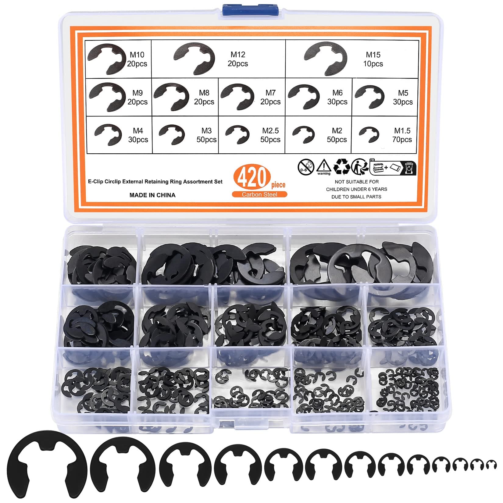420 Pcs E-Clips, Circlips, External Retaining Ring Snap Opening Ring Circlip Kit, Stainless Steel E Clips Assortment Kits - 13 Sizes, M1.5/M2/M2.5/M3/M4/M5/M6/M7/M8/M9/M10/M12/M15