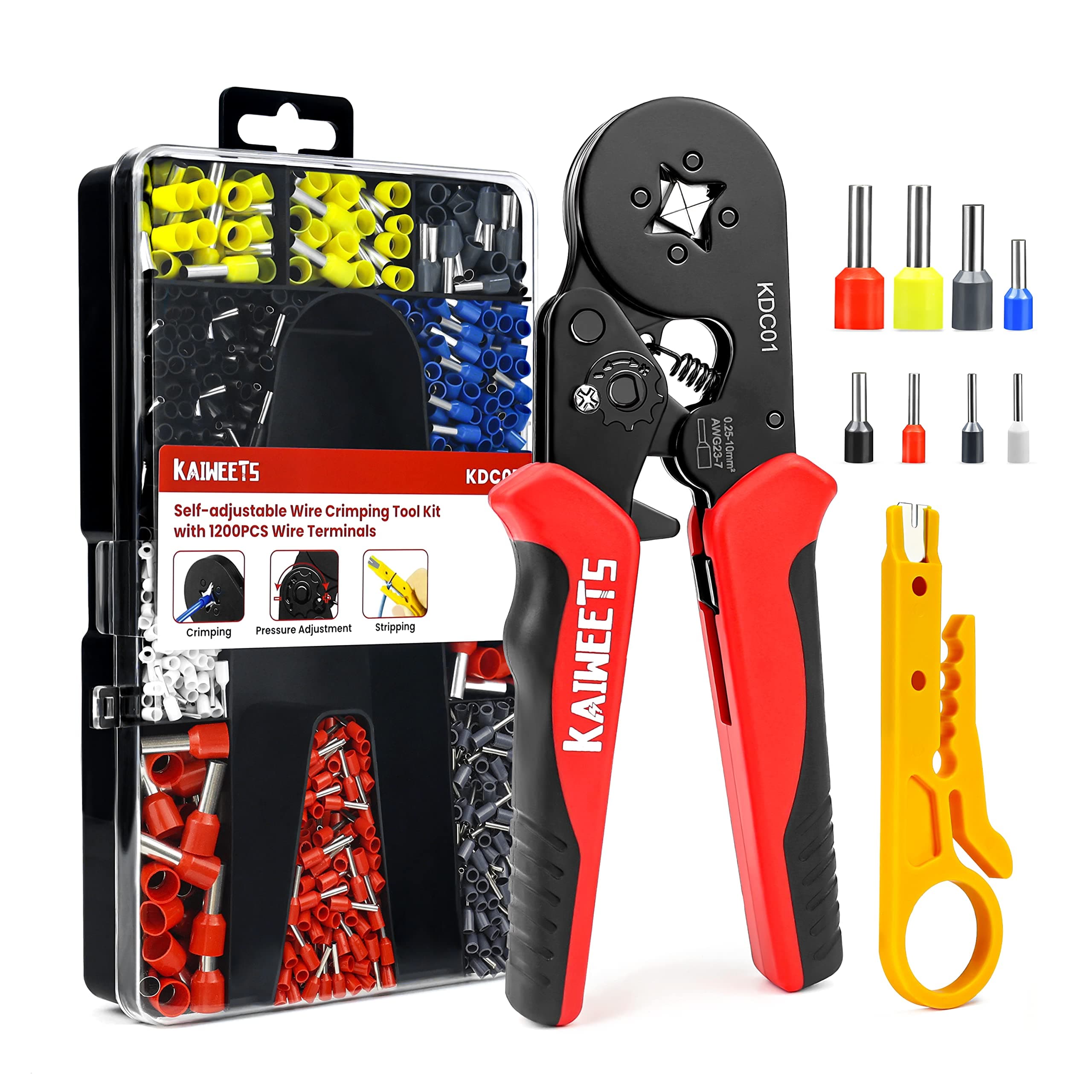 Ferrule Crimping Tool Kit, AWG 23-7 Self-adjustable Wire Ferrule Crimper Plier Set with 1200pcs Wire Terminals Crimping Connectors Wire Ends Ferrules