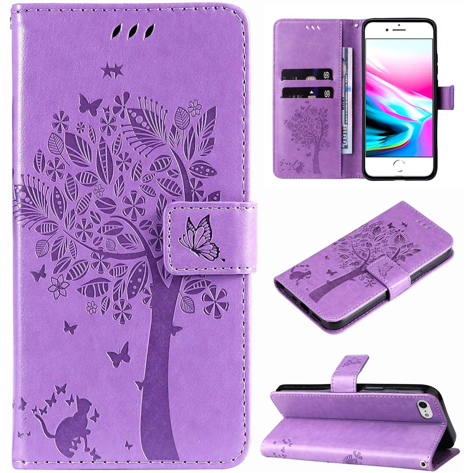Case for iPhone SE 2022 / iPhone SE 2020 / iPhone 8 / iPhone 7 Leather Case Wallet Flip Cover with Card Holder Slots Design Pattern Magnetic Stand Strap Shockproof Phone Case Cover,Purple
