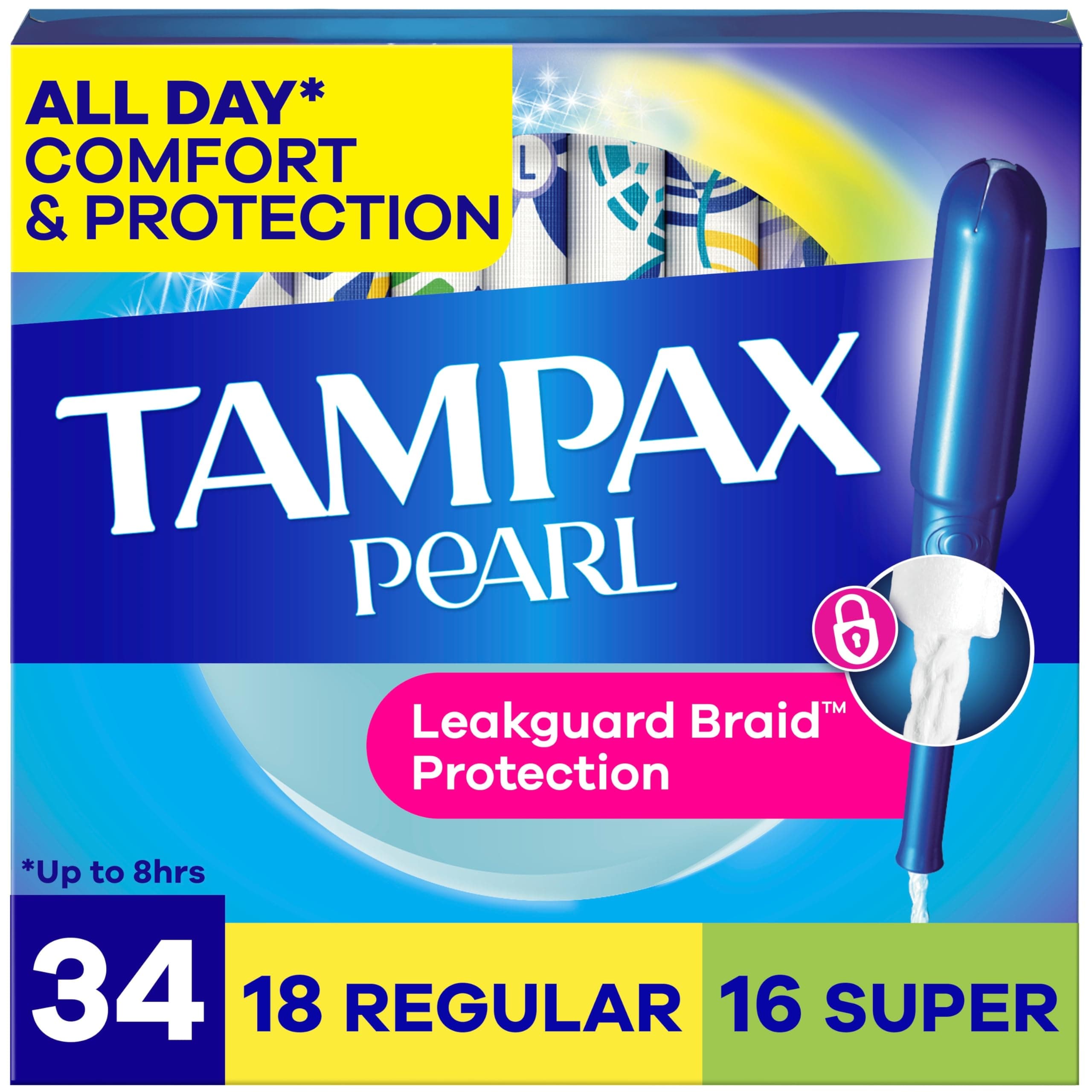 Tampax Pearl Tampons Multipack, Regular/Super Absorbency, with Leakguard Braid, Unscented, 34 Count