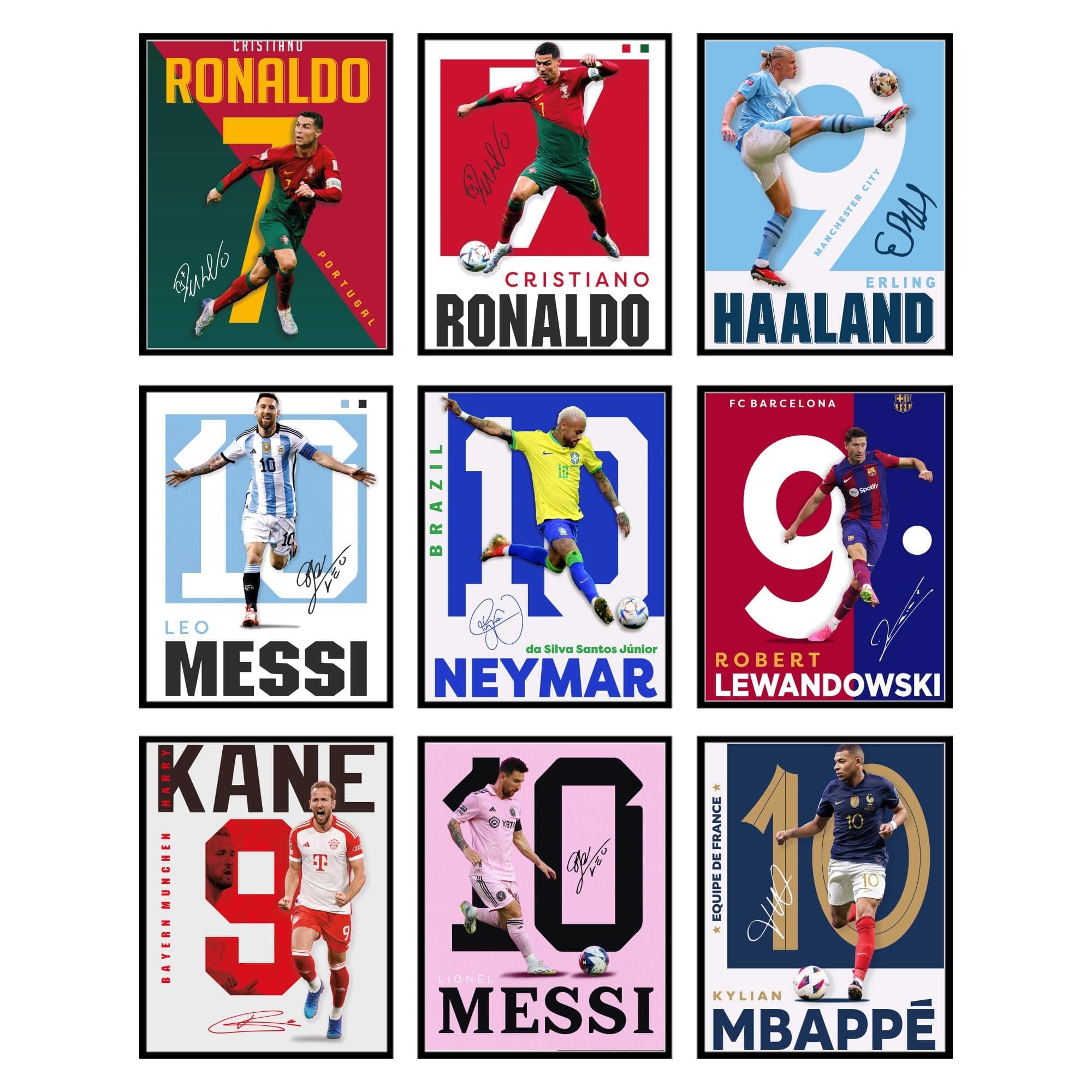 BigWig Prints Soccer Poster - Soccer Decor For Boys Bedroom, Messi And Ronaldo Poster, Messi Posters For Boys Bedroom, Mbappe Wall Art, Neymar Wall Art, Ronaldo Posters - Unframed Set Of 9 (8x10”)