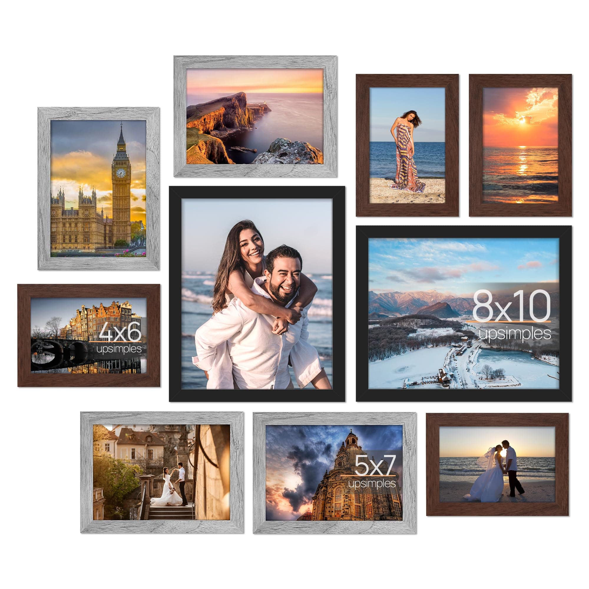 upsimples 10 Pack Picture Frames Collage Wall Decor for Mounting or Tabletop Display, Photo Gallery Frame Set for Family, Multi Sizes Including 8x10, 5x7, 4x6, Black Gray Brown