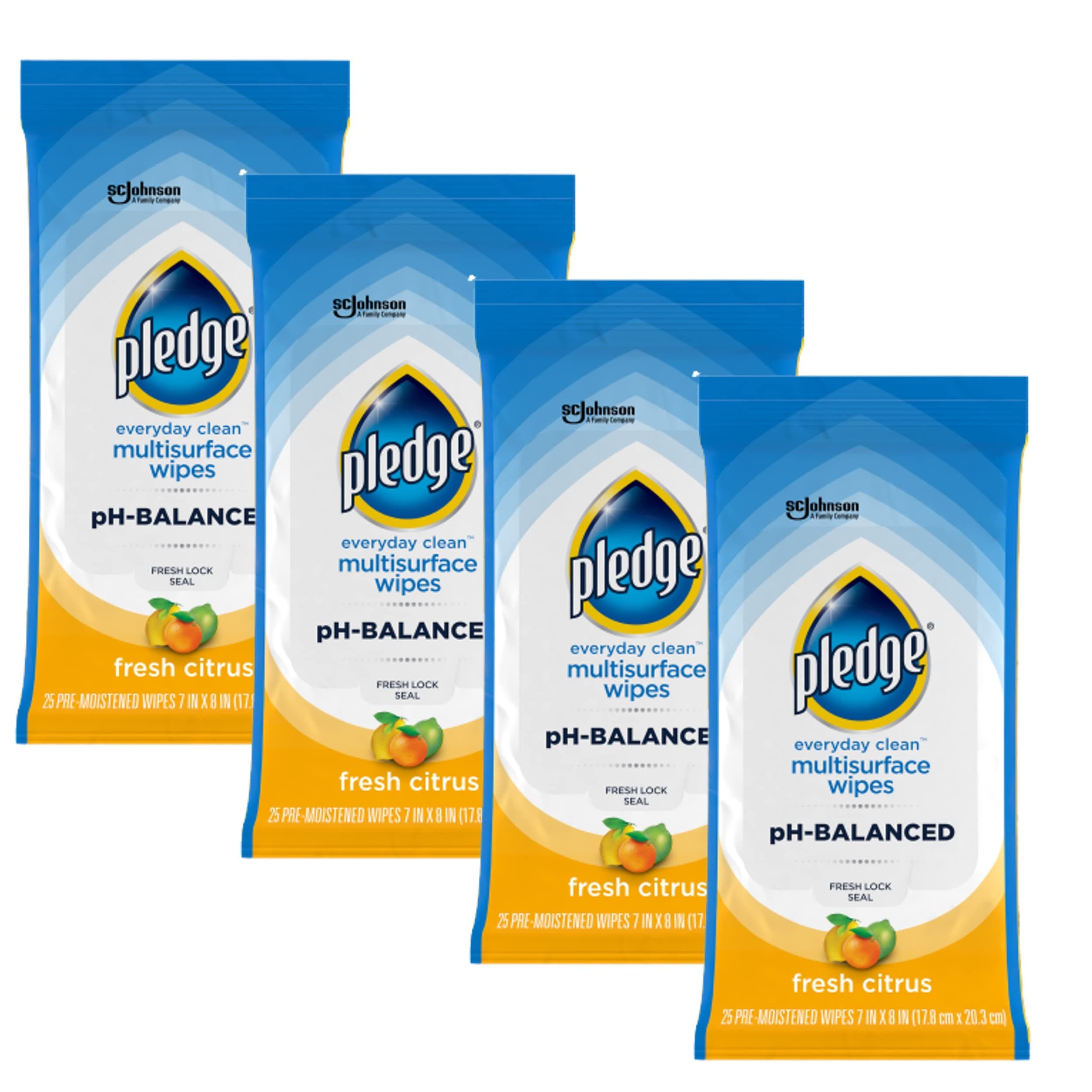 Pledge Multisurface Cleaning Wipes, pH Balanced, Fresh Citrus, 25 Count (Pack of 4, 100 Total Wipes)