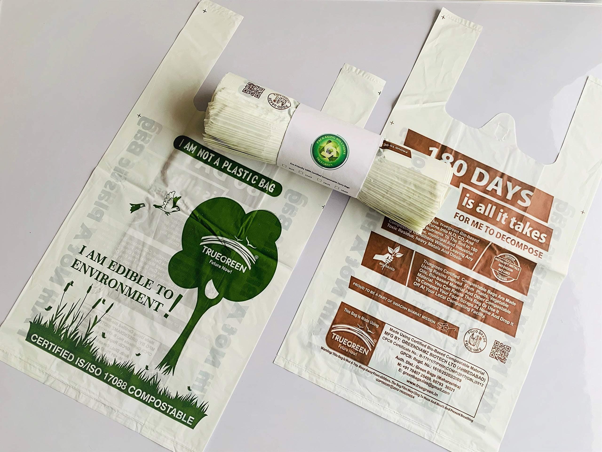 Truegreen Compostable Biodegradable Carry Bags By Packaging Solutions, 1 Count, White, Green (100, 13X16 Inches)