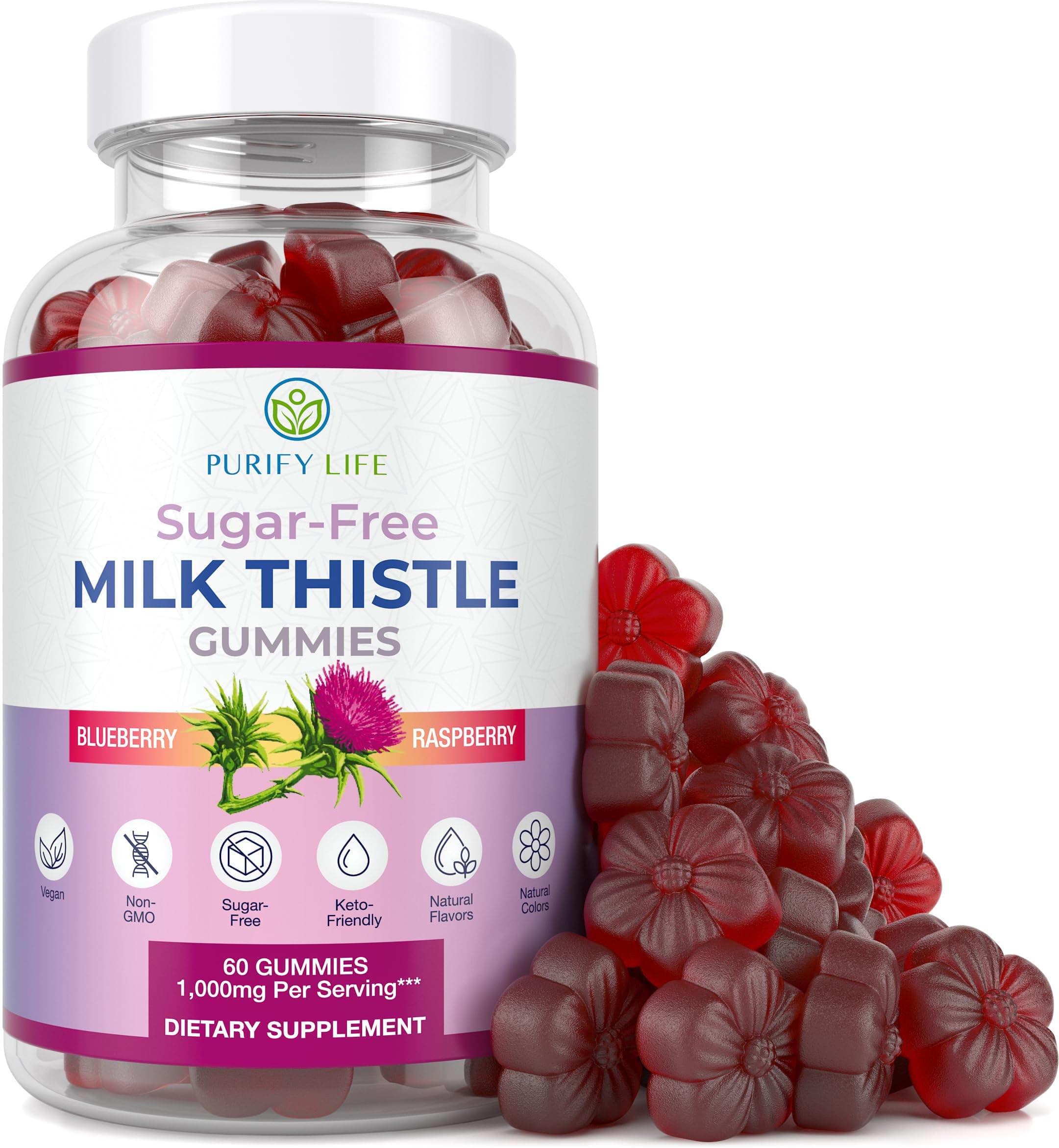 Sugar-Free Milk Thistle Gummies for Liver Cleanse Detox & Repair (Natural Blueberry-Raz Flavor) Cardo Mariano, Cleansing Milk Thistle Supplement, Antioxidant Support, Vegan, Replaces Pills & Capsules
