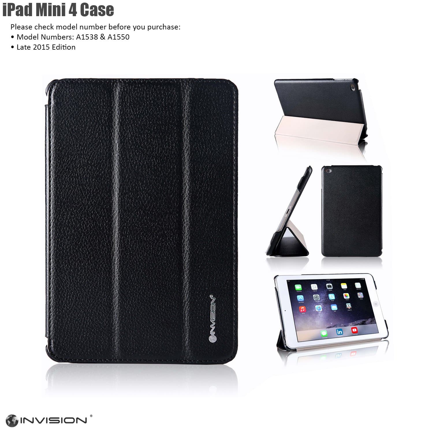 Invision iPad Mini 4 Smart Case Cover for Apple Mini 4 iPad Tablet (Black Mini 4)