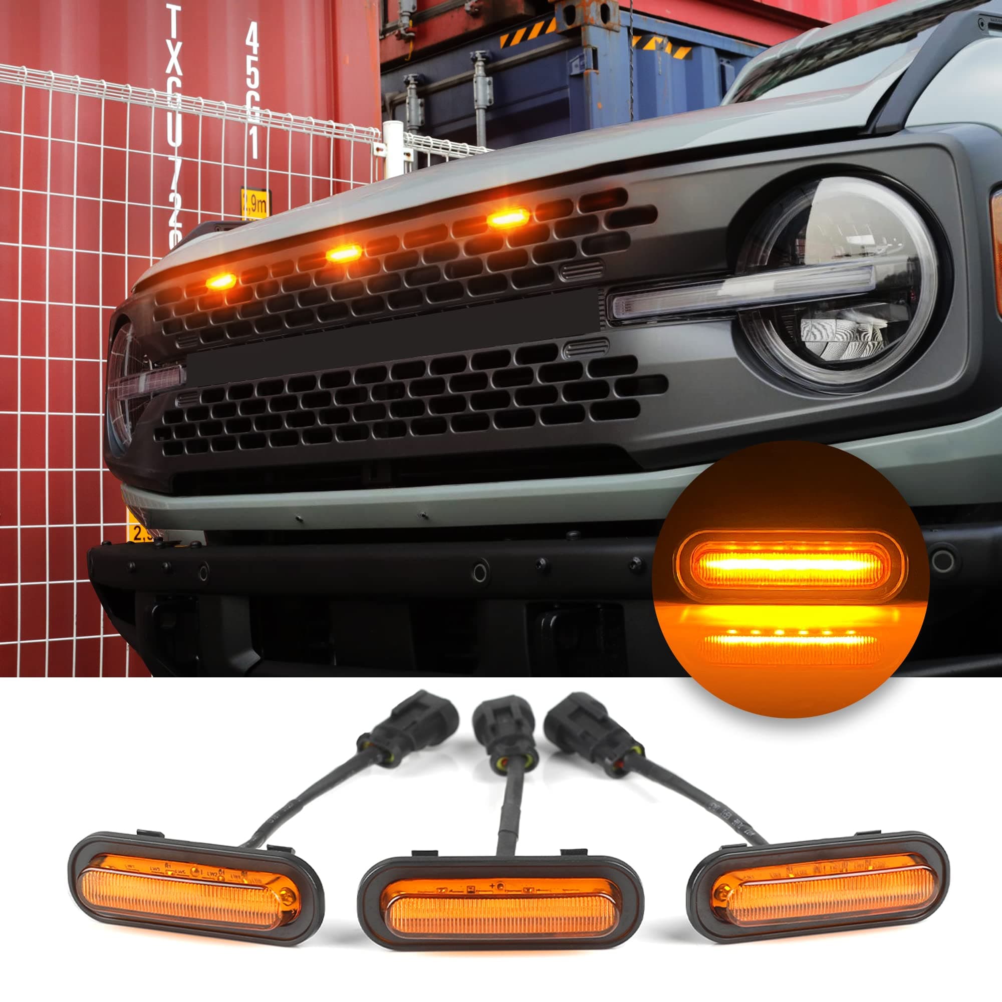 3 Pcs Front LED Grill Lights Compatible with Ford Bronco Accessories 2021 2022 2023 2/4 Door Badlands Wildtrak Everglades & First Edition Amber OEM Grille Lamps Kit with Fuse & Wiring Harness