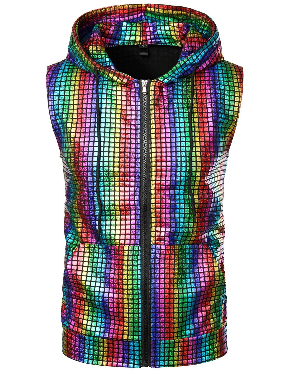 Mens Shiny Metallic Zip Up Sleeveless Hooded Vest T Shirt with Kangaroo Pocket