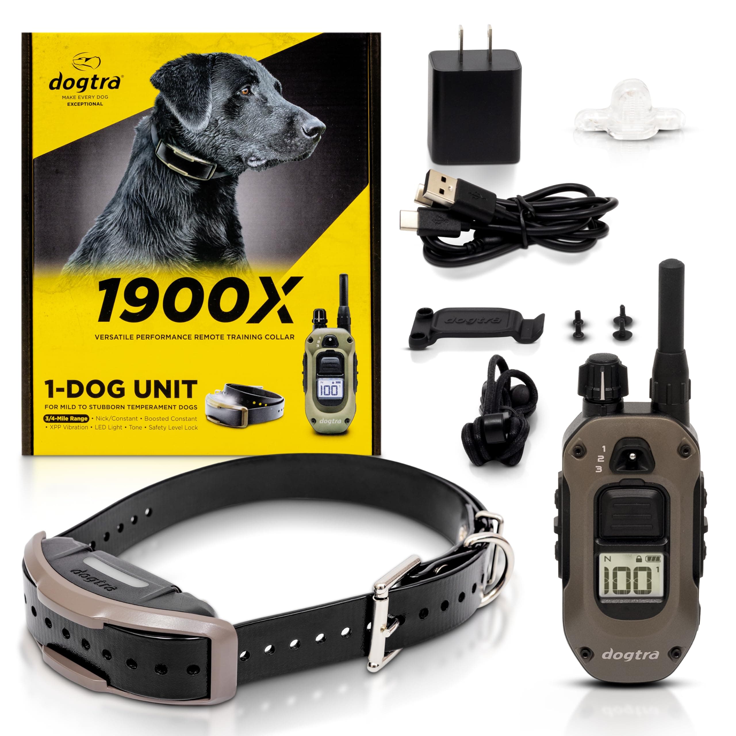 1900X E-Collar with Remote [New Edition] 35 lbs+, 3/4 Mile Range, LED Light, 100 Levels of Precise Control for Stubborn Dogs, Waterproof, Boost for Quick Recall, Vibration, Safety Lock & Tone