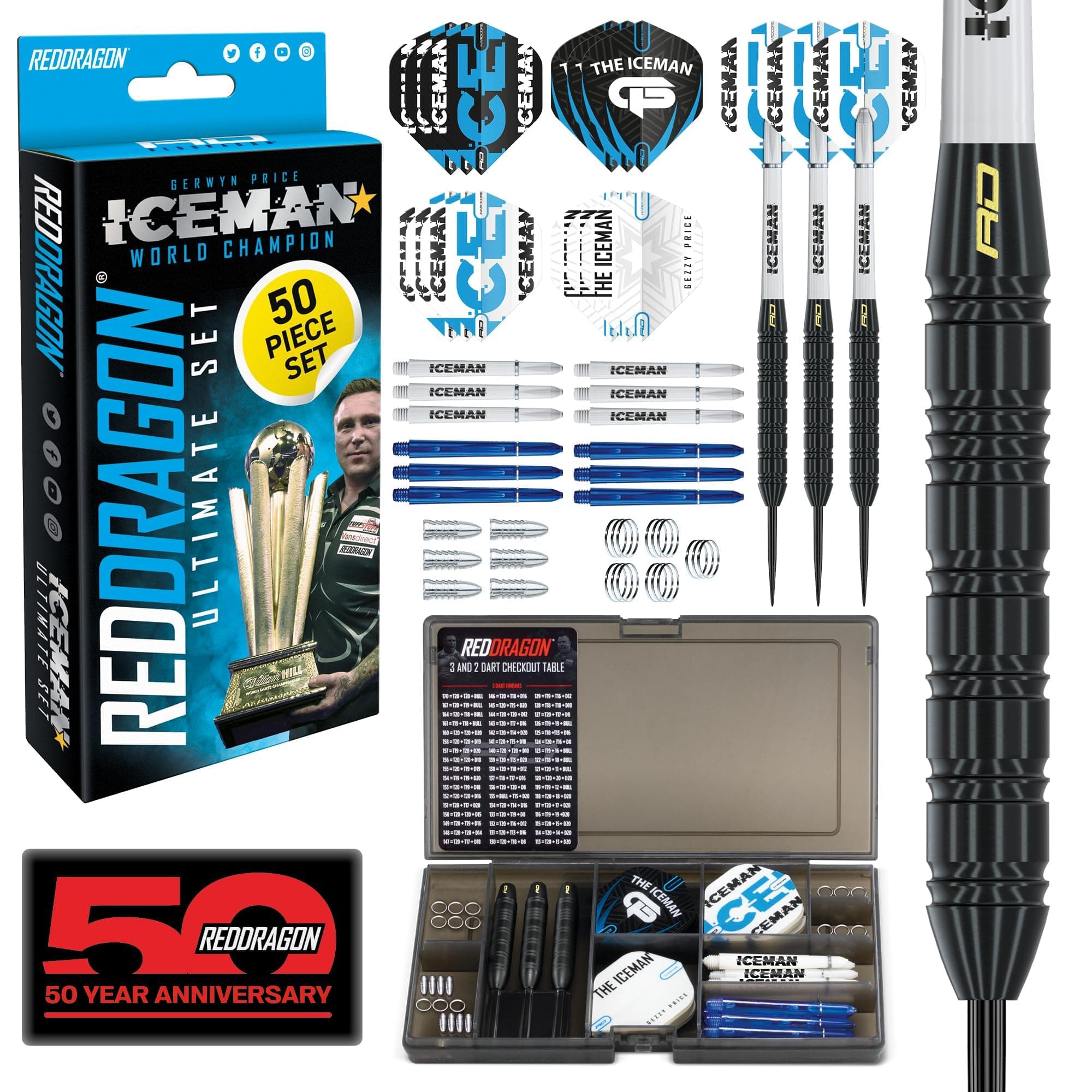 – Ultimate 50 Piece Professional Dart Set, Peter Wright 'Snakebite' or Gerwyn Price 'Iceman' - Includes Steel Tip Brass Darts Set With Case, Dart Flights, Shafts & More Accessories