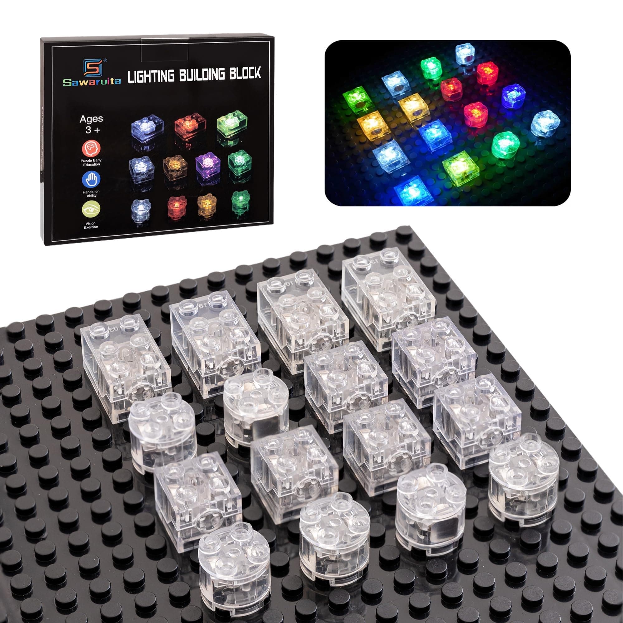 Sawaruita 16PCS Light Up Building Bricks Multicolor LED Light Brick Sets Classic Transparent 2x2 2x3 Building Block Accessories Kit Toys Compatible with All Major Brands