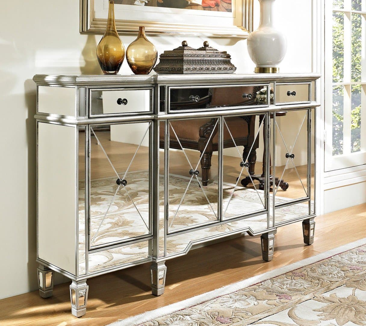 Benton Collection 60" Silver Wood Frame Mirrored Panels Andrea Storage Sideboard Buffet Cabinet for Living Room