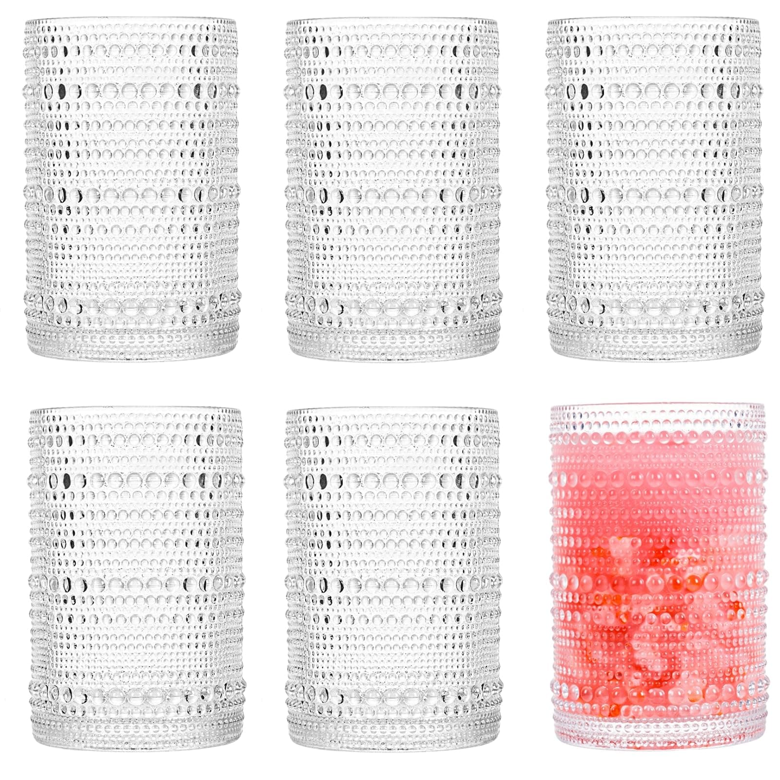 Consou Large Glasses Set of 6, 15 oz Hobnail Glassware Thick Glass Heavy Base