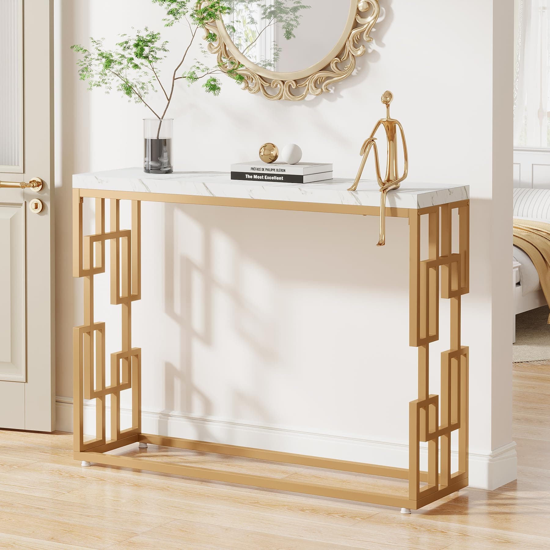 Tribesigns Modern Console Table for Entryway, 42.5-Inch Behind Sofa Table with Faux Marble Tabletop, Engineered Wood Entry Furniture for Hallway, Foyer, Living Room, Easy Assembly, White and Gold