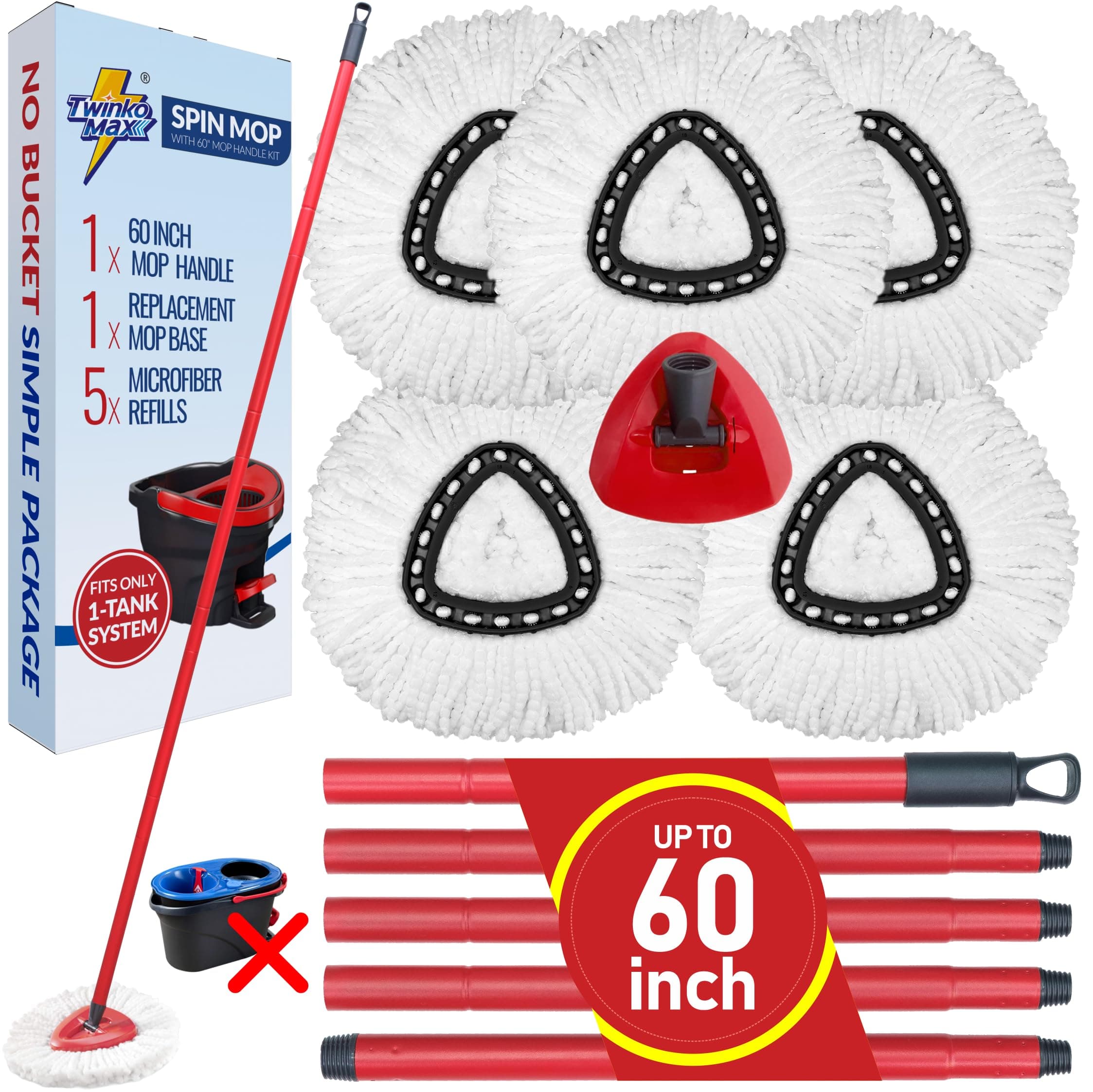 Spin Mop Replacement Kit without Bucket, Compatible with O-Cedar EasyWring 1-Tank System Triangle Microfiber Spin Mop, 60-Inch Combination Handle, 5 Microfiber Mop Head Refills, 1 Mop Base.