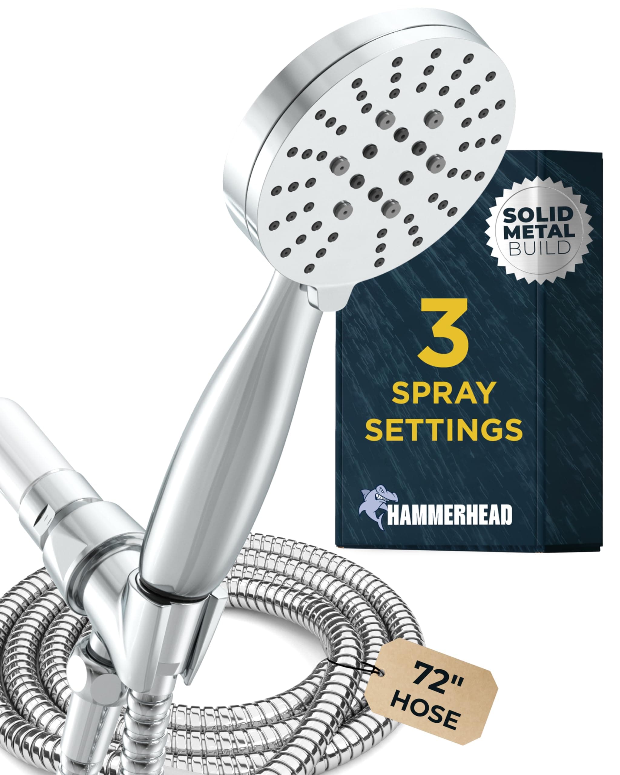 Solid Metal 3-Spray Handheld Shower Head with Long Hose and Holder - CHROME - 2.5 GPM High Pressure Shower Head with Handheld Sprayer - WIDE, MASSAGE, and MIST Sprays