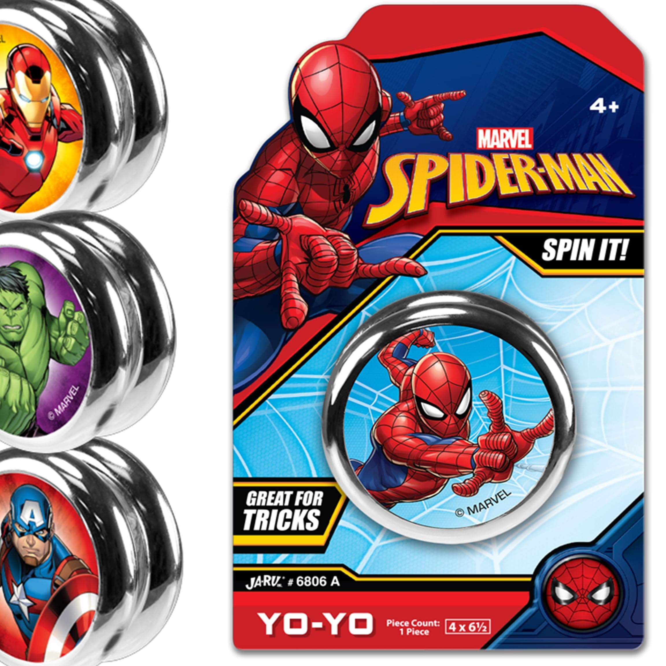 JA-RU Marvel Toy Yo-Yo Toy (1 Unit Assorted Style) Superhero Spiderman Hulk Captain America Iron Man Kids Yoyo Beginner String Trick Yoyo Game Fidget Toy for Boys 6806-1
