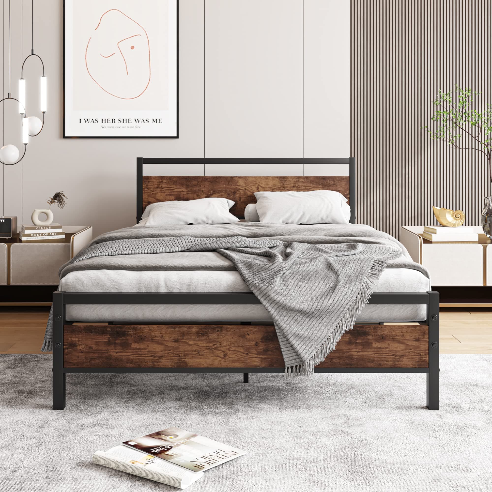 Full Size Bed Frame with Headboard, Heavy Duty Platform Bed Frame Full Reinforced Steel Square Tube Platform Strong Slats Support/No Box Spring Needed,Black and Rustic Brown