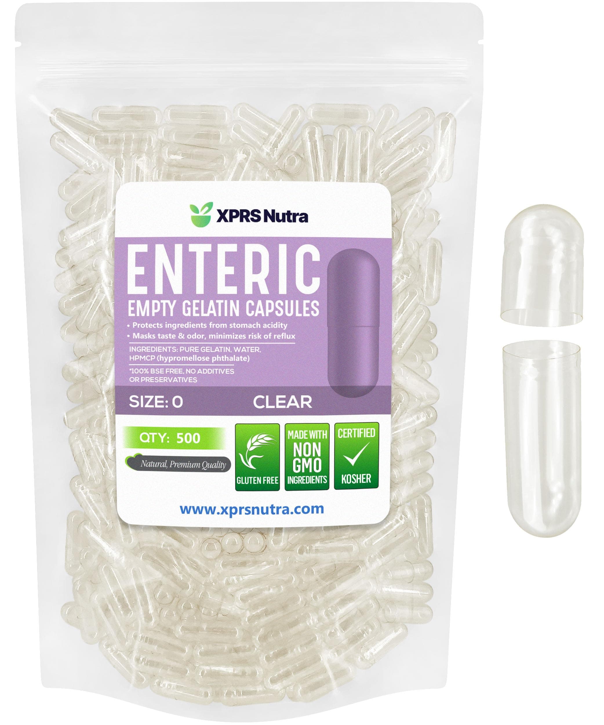 Size 0 Empty Capsules - 500 Count Clear Enteric Coated Gelatin Capsules - Delayed Release Pills - DIY Capsule Filling - Pure Bovine Enteric Gel Caps