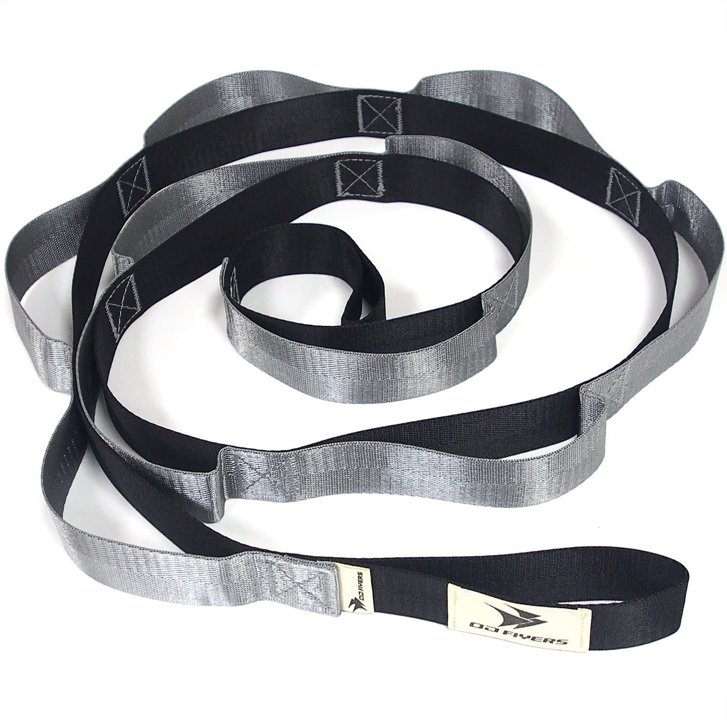 Stretching Strap-Multiple-Physical Therapy,Rehab Exercise Strap with Loops,Non-Elastic,10 Loops,Cotton,Black and Gray