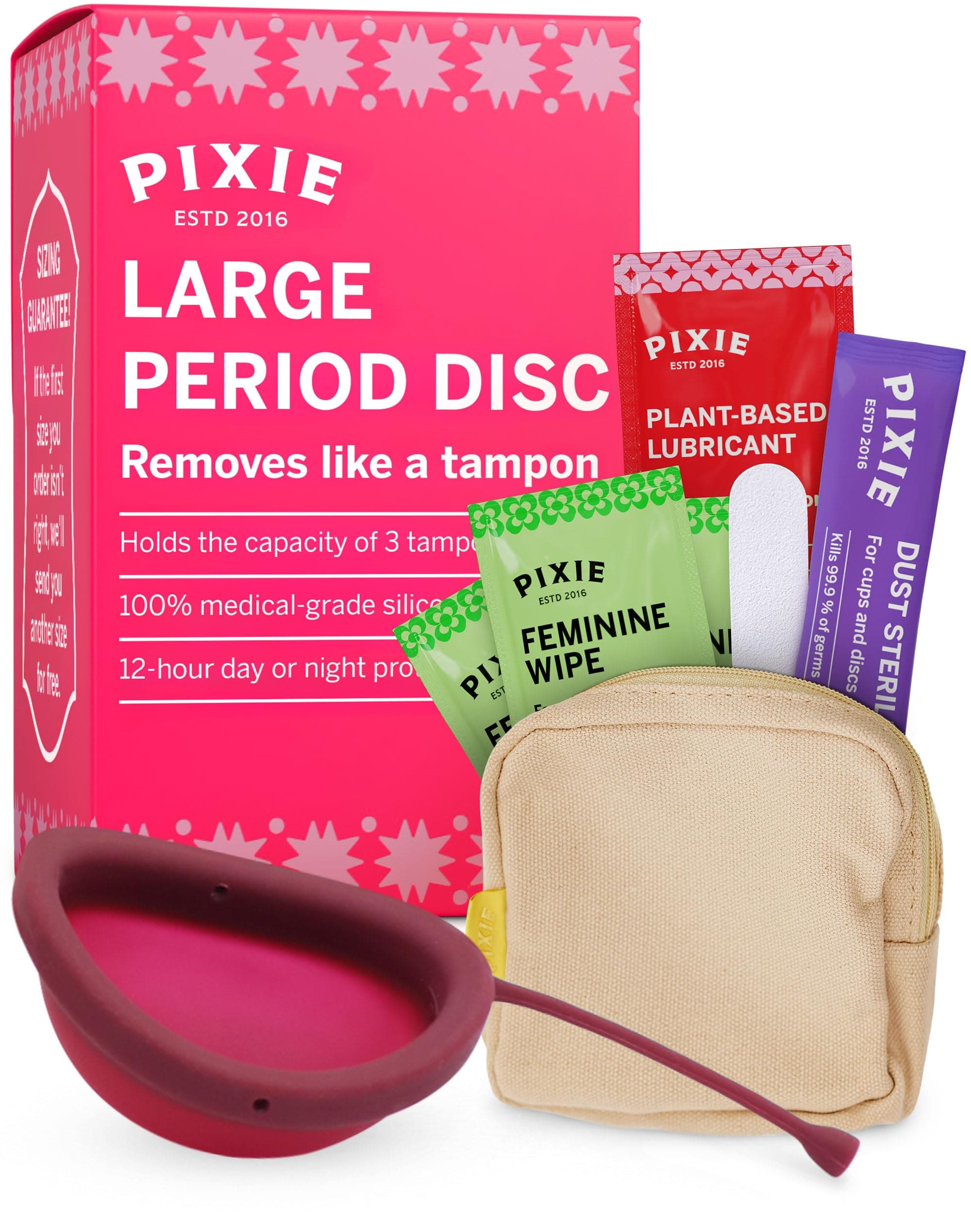 Pixie Menstrual Disc - Most Effective Disc Stem And It Is Removable - Soft, Flexible, Reusable Medical-Grade Silicone - Wear up to 12 Hours - Menstrual Cups Alternative - Capacity of 6 Tampons (Large)