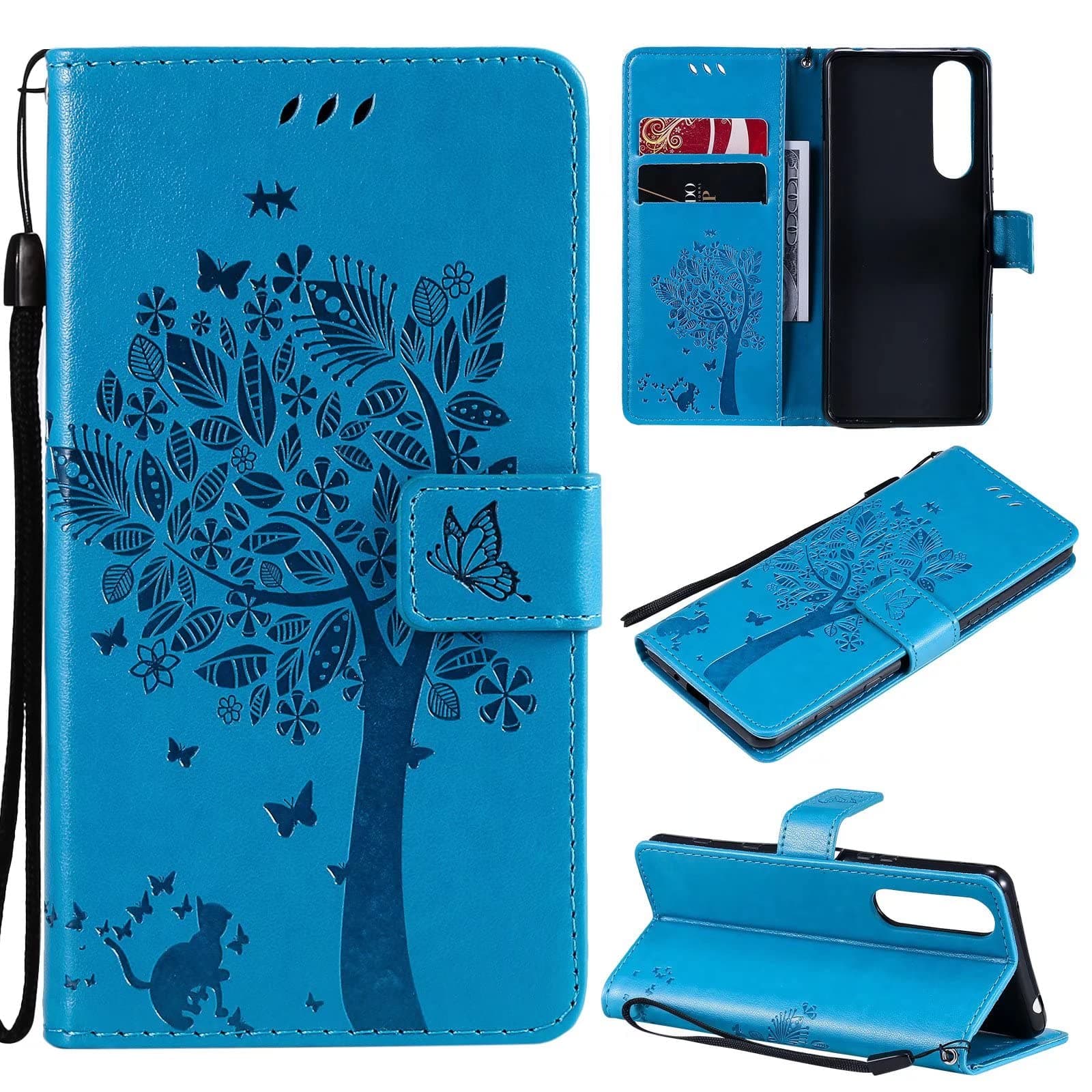 Ttianfa Case for APPLE IPHONE 5C Wallet Flip case with 2& Tempered Glass Screen Protector [2 Card Slot] [Magnetic][stand] Emboss Tree Cat Flowers strap PU Leather 360° Shockproof Flip Folio,Blue