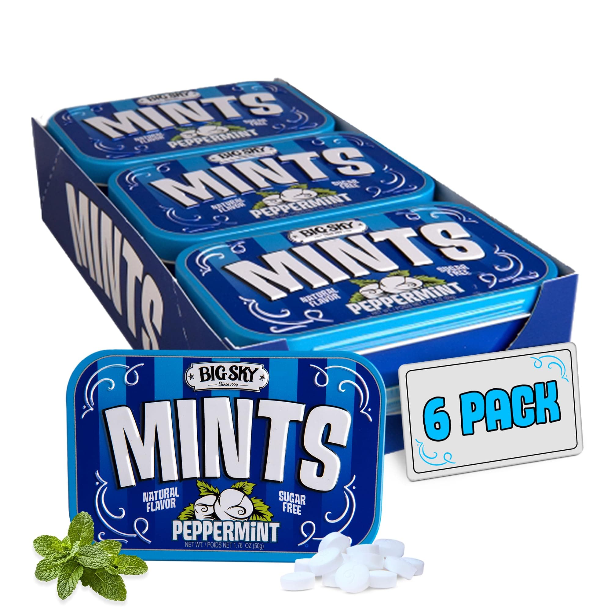 Sugar Free Peppermint Mints - 50 Count Tin (Pack of 6) | Kosher Certified, Vegan Peppermint Candy | Aspartame & Gluten Free | Natural Breath Mints for Travel & Sharing, Long Lasting Freshness