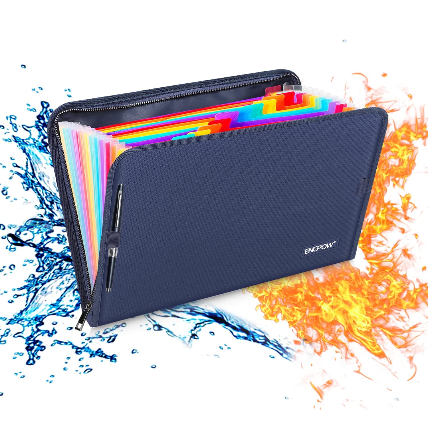 ENGPOW 13 Pocket Expanding File Folder,Fireproof Accordion File Folder Document Organizer with Zipper Closure,Portable Filing Organizer Safe with Colorful Tabs for A4/Letter Size Paper,Files(Blue)