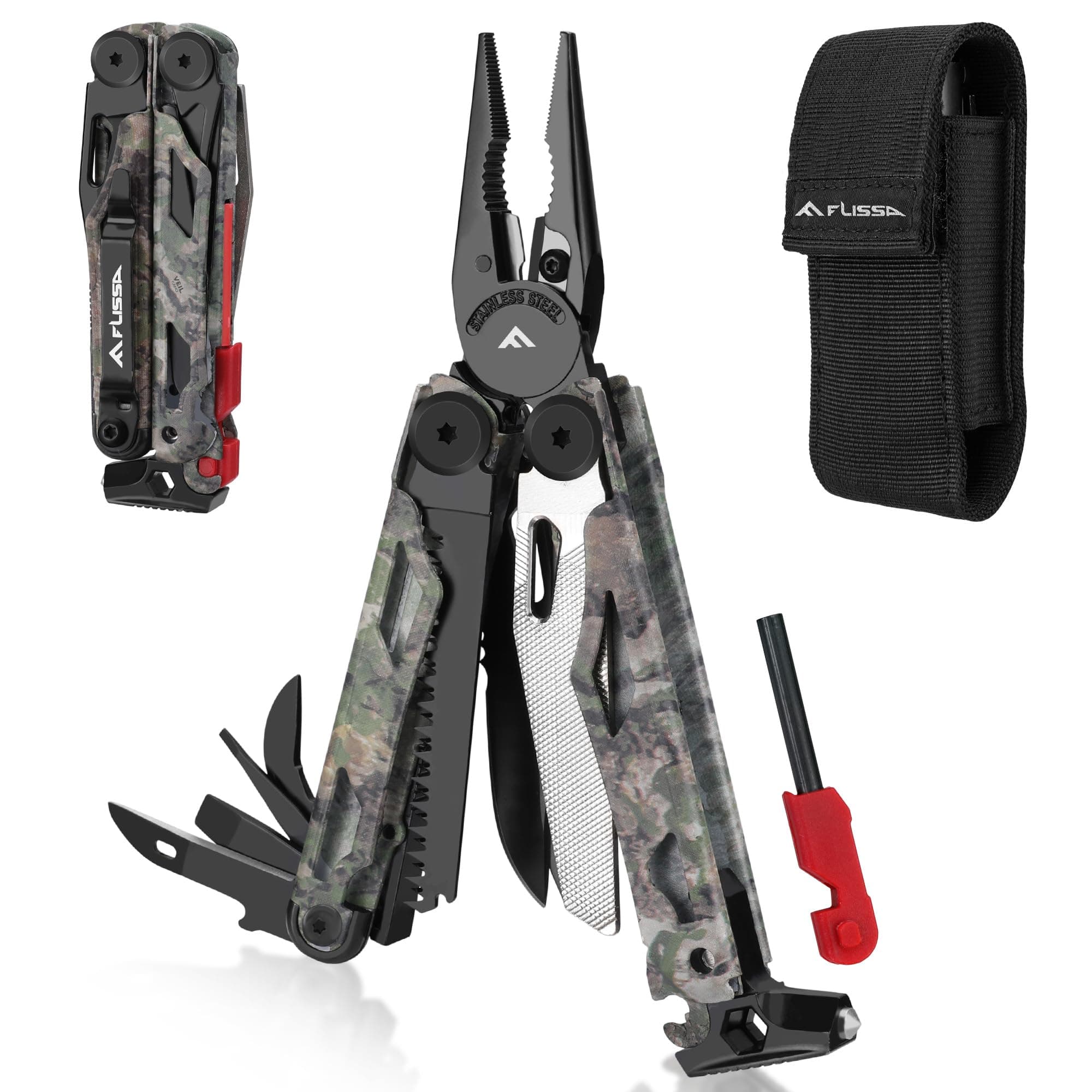 Multitool, 18 in 1 Camo Multitool Pliers with Fire Starter, Window Breaker, Whistle, Stainless Steel EDC Gear with Sheath - Perfect for Survival, Simple Repair, Camping
