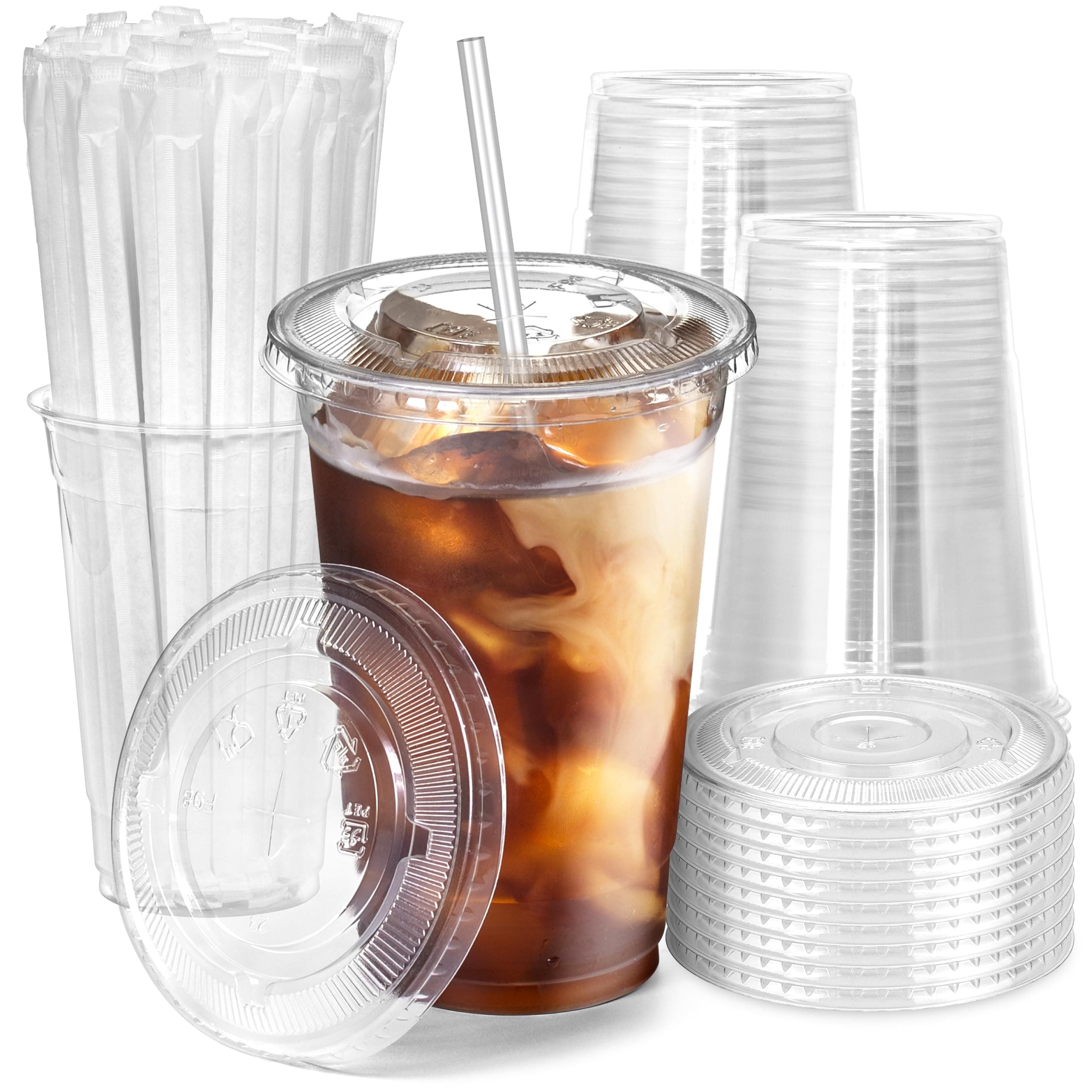 100 Pack 20 oz Plastic Iced Coffee Cups with Flat Lids and Clear Straws, Disposable Clear Cup, BPA Free Cup for Party, Smoothie, Cold Drinks, Juice, Milkshake, Bubble Boba, Tea