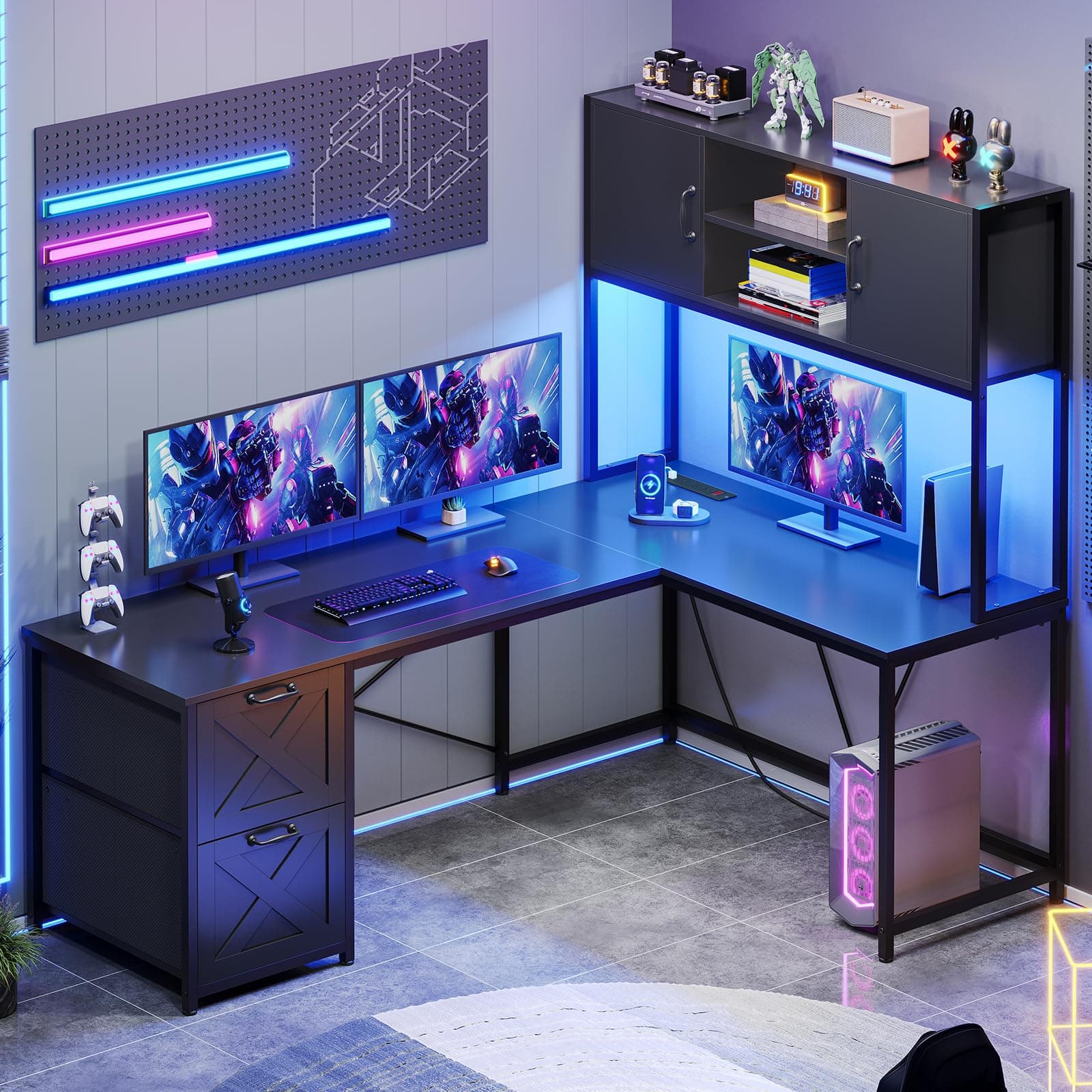 Corner Computer Desk, Reversible L Shaped Computer Desk with Fabric Drawers and Power Outlet, Gaming Desk with Led Lights, Hutch and Storage Shelf for Home Office, Black