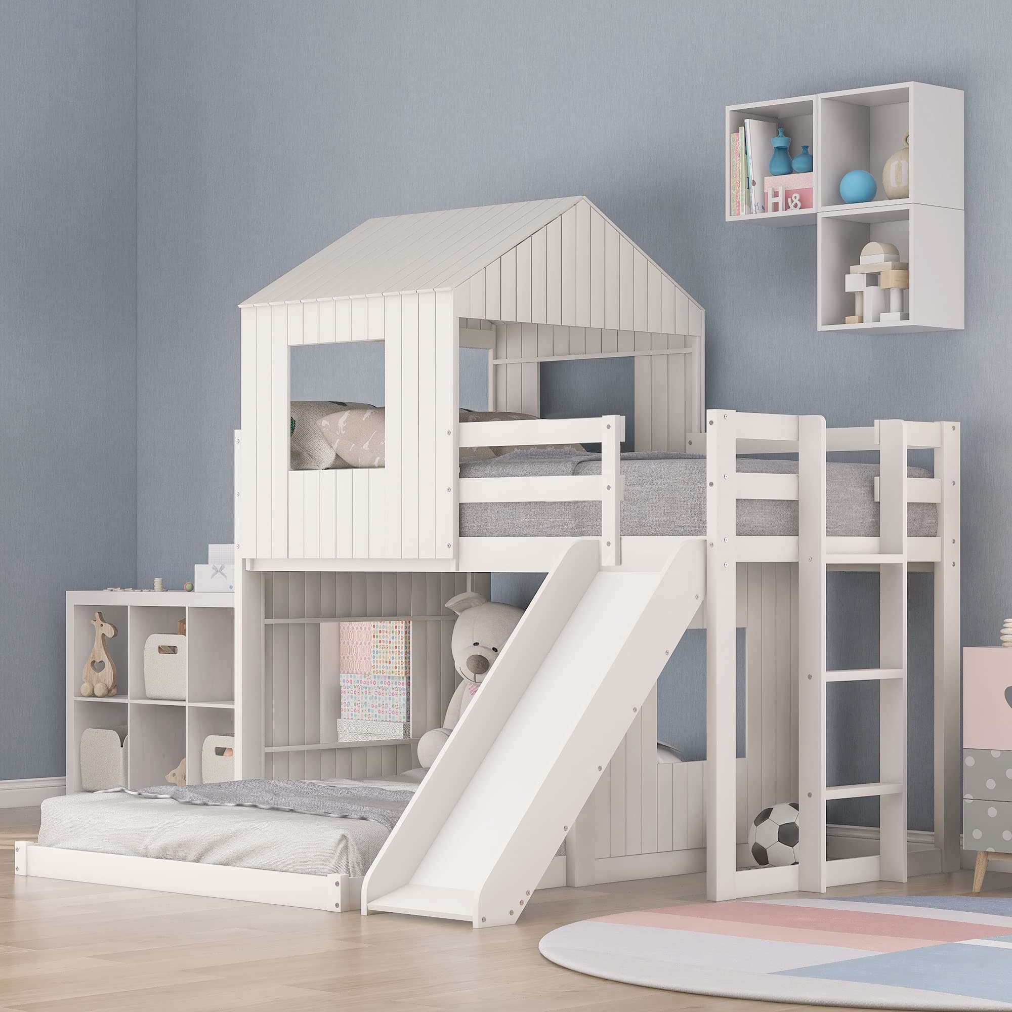 Twin Over Full Bunk Bed Frames Loft Bed with Slide, House Roof, Window and Safety Guardrails for Boys or Girls, White